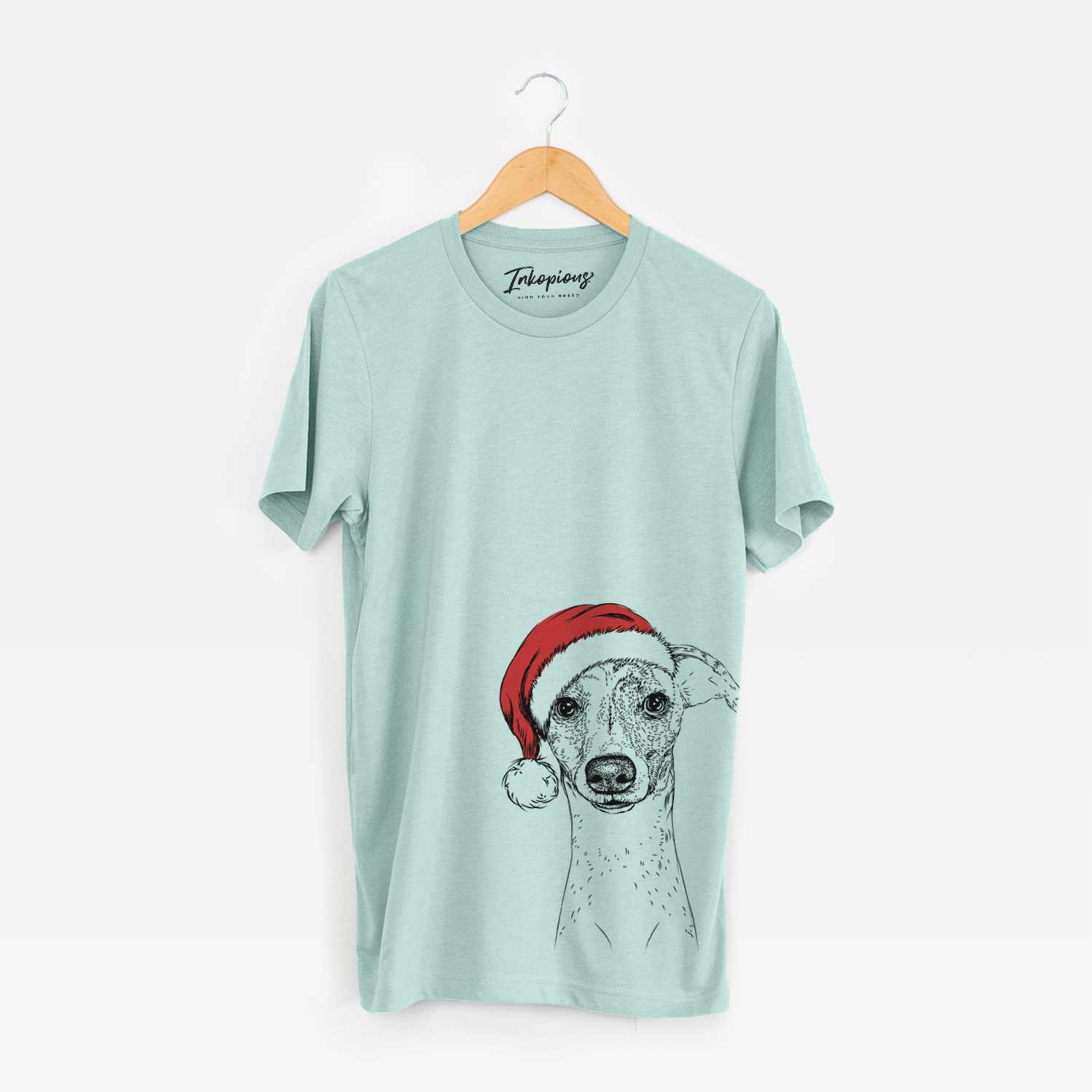 Hand-drawn sketch of Twiggy the Whippet wearing a Santa hat on a Heather Sage Unisex crewneck