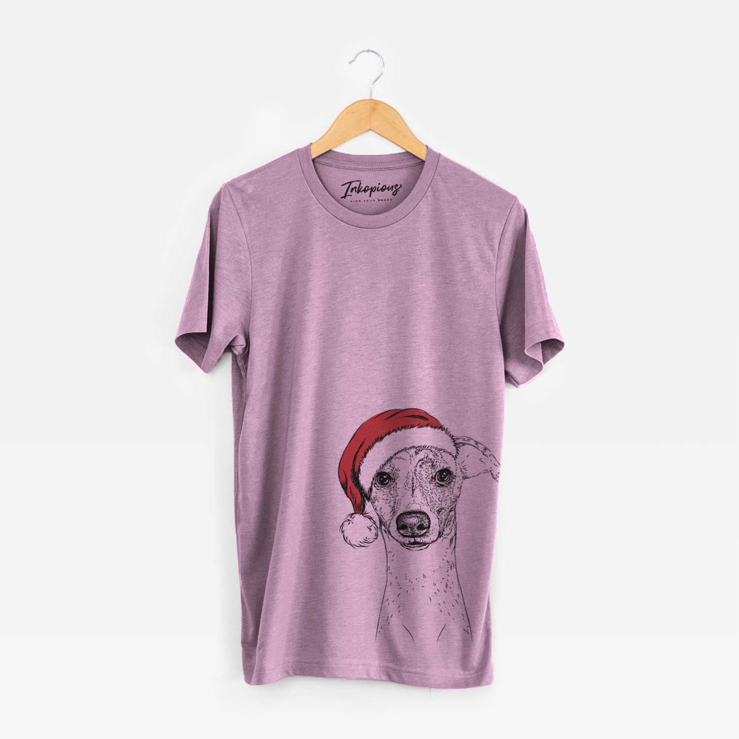 Hand-drawn sketch of Twiggy the Whippet wearing a Santa hat on an Orchid Unisex crewneck