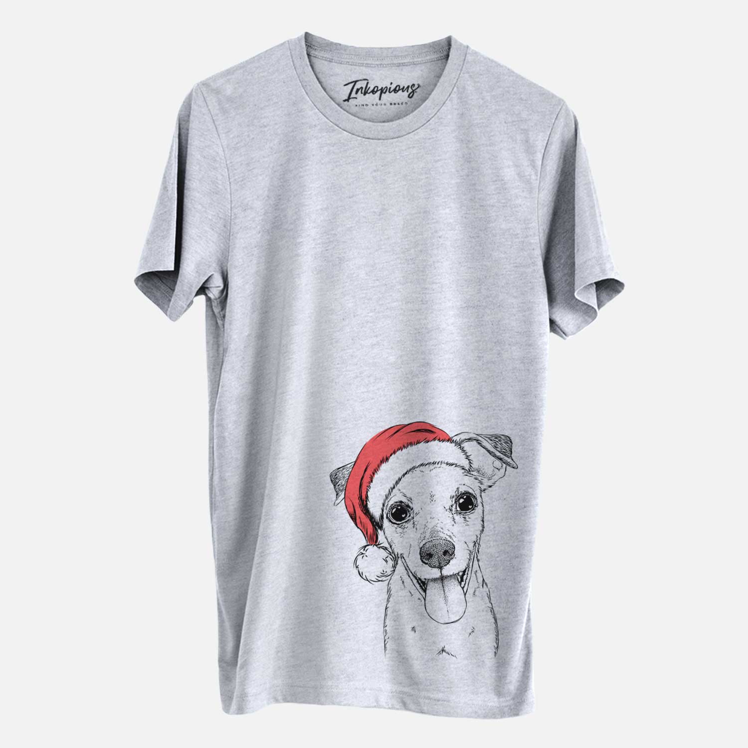 Hand-drawn sketch of Tyler the Mixed Breed wearing a Santa hat on a Grey Unisex crewneck