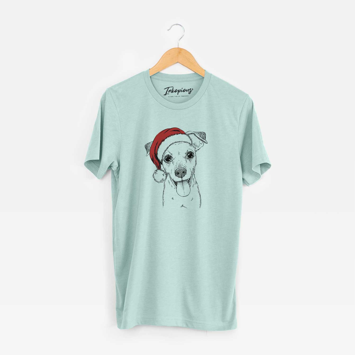 Hand-drawn sketch of Tyler the Mixed Breed wearing a Santa hat on a Heather Sage Unisex crewneck