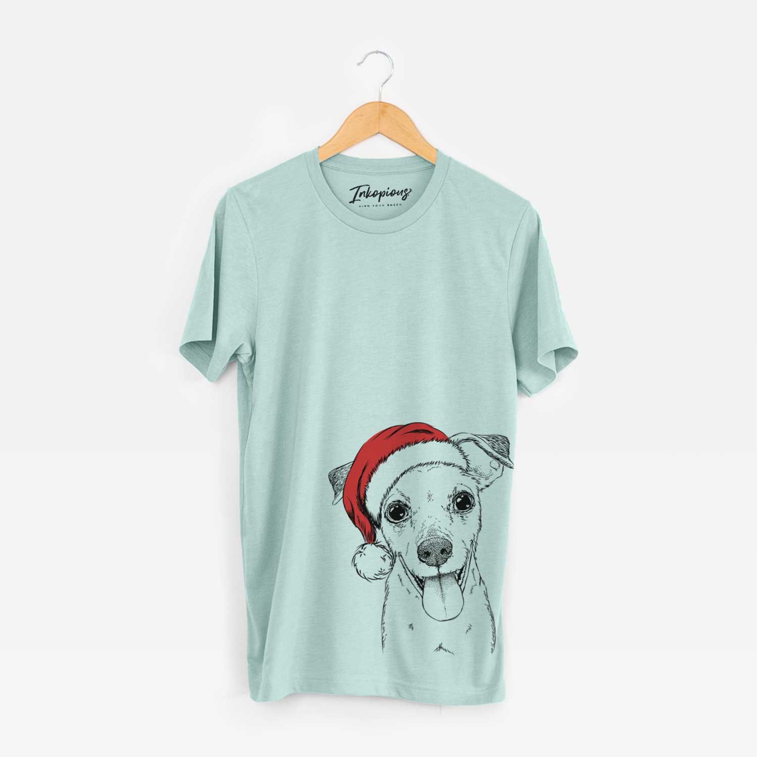 Hand-drawn sketch of Tyler the Mixed Breed wearing a Santa hat on a Heather Sage Unisex crewneck
