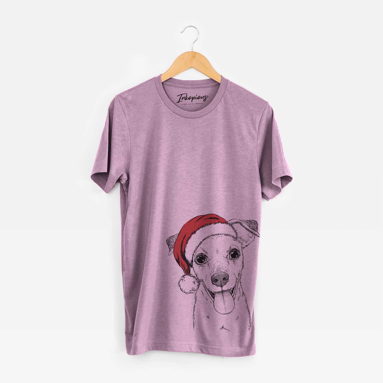 Hand-drawn sketch of Tyler the Mixed Breed wearing a Santa hat on an Orchid Unisex crewneck
