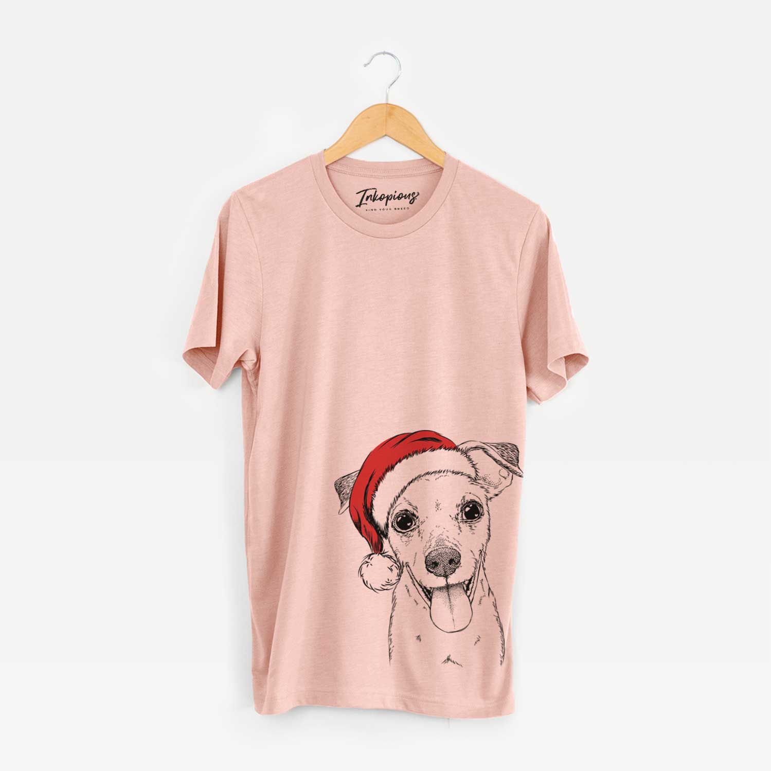 Hand-drawn sketch of Tyler the Mixed Breed wearing a Santa hat on a Peach Unisex crewneck