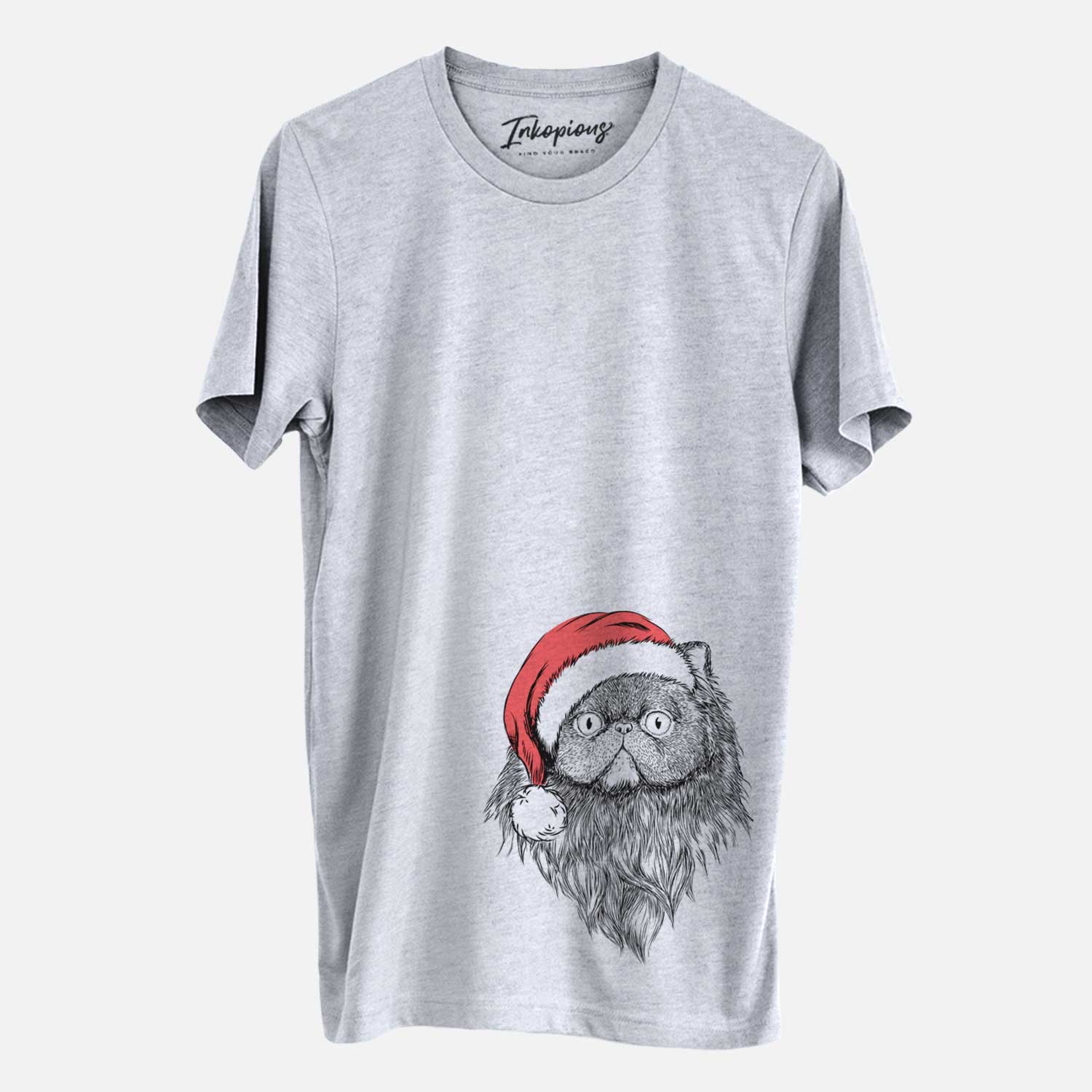 Hand-drawn sketch of Vader the Persian Cat wearing a Santa hat on a Grey Unisex crewneck