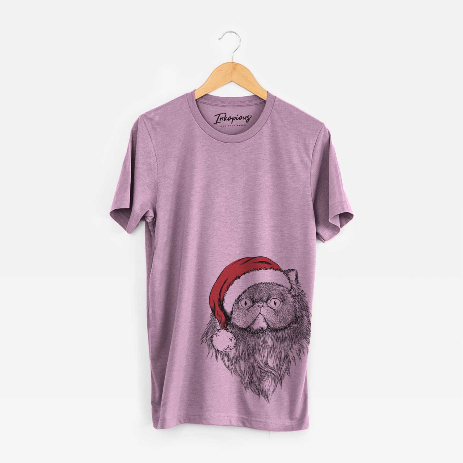 Hand-drawn sketch of Vader the Persian Cat wearing a Santa hat on an Orchid Unisex crewneck