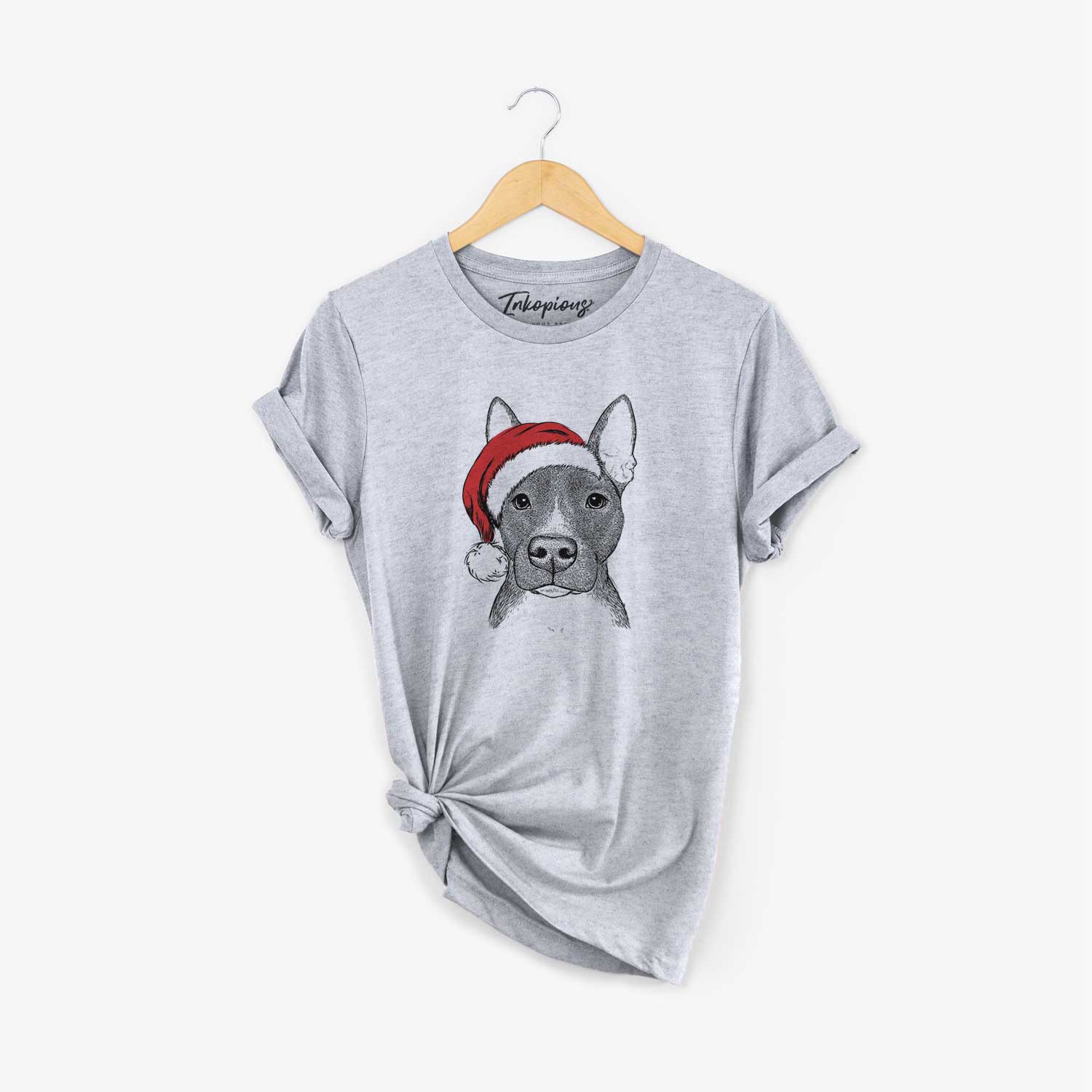 Hand-drawn sketch of Violet the Pitbull wearing a Santa hat on a Grey Unisex crewneck