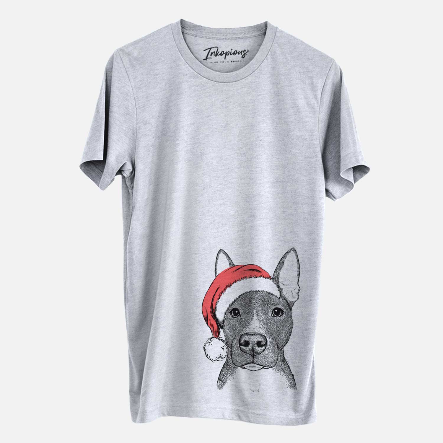 Hand-drawn sketch of Violet the Pitbull wearing a Santa hat on a Grey Unisex crewneck