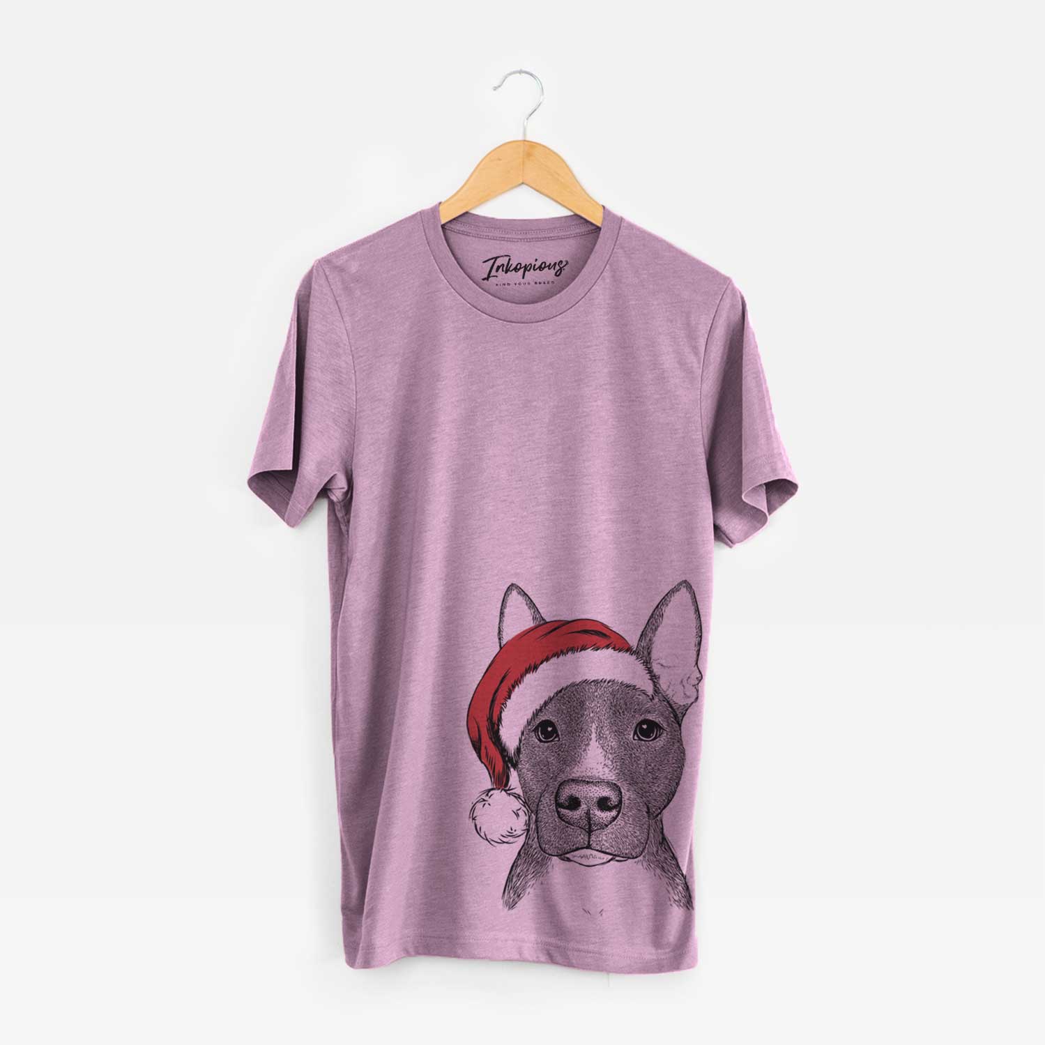 Hand-drawn sketch of Violet the Pitbull wearing a Santa hat on an Orchid Unisex crewneck
