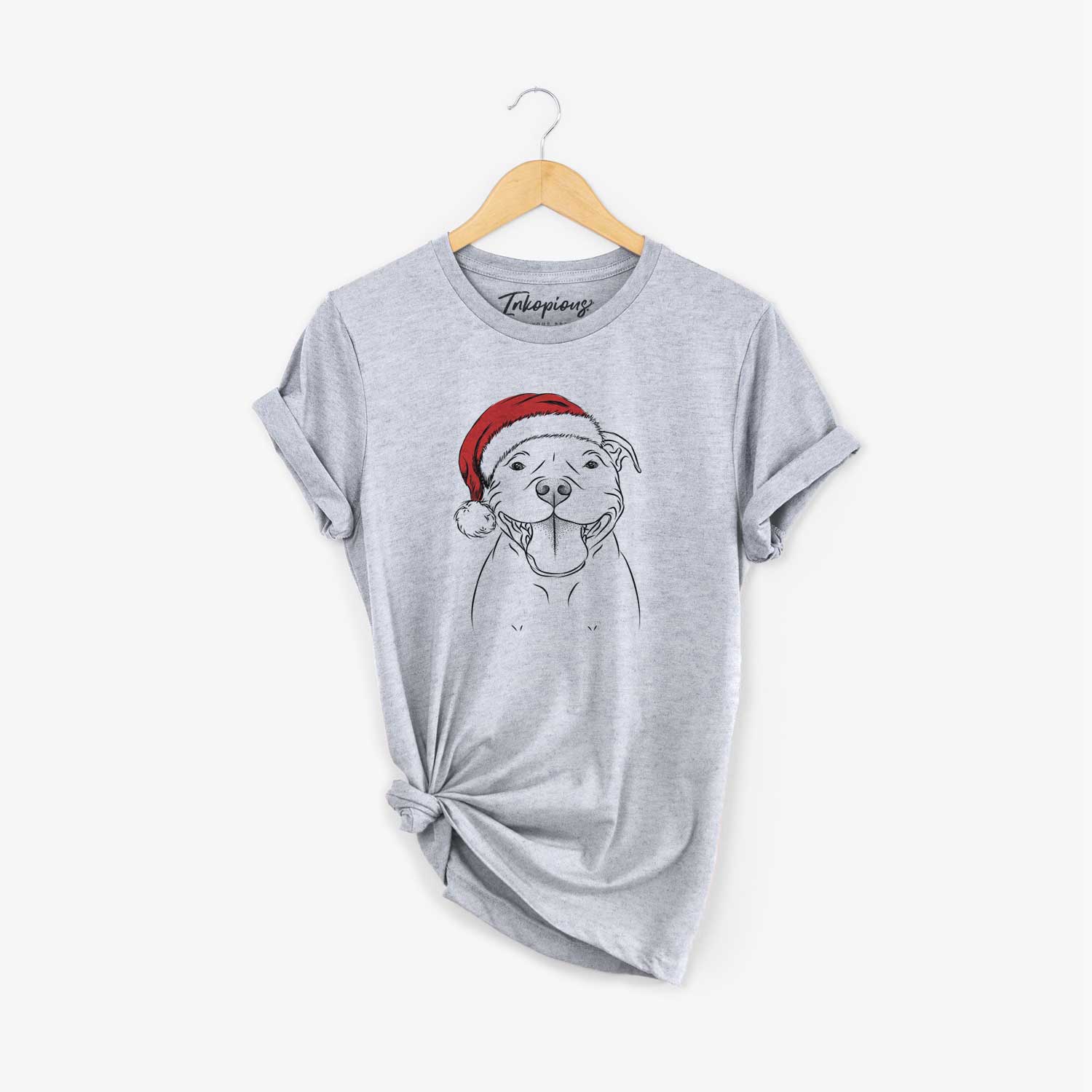 Hand-drawn sketch of Wafer the Staffordshire Bull Terrier wearing a Santa hat on a Grey Unisex crewneck