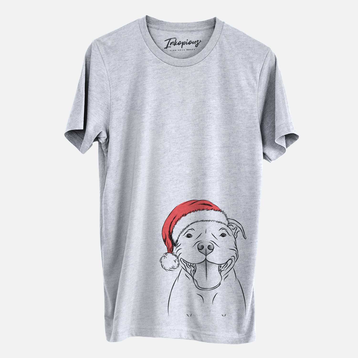 Hand-drawn sketch of Wafer the Staffordshire Bull Terrier wearing a Santa hat on a Grey Unisex crewneck