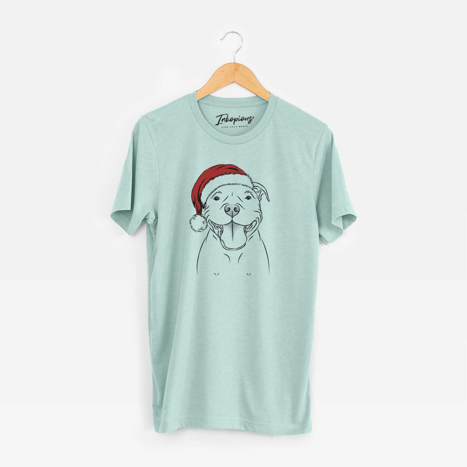 Hand-drawn sketch of Wafer the Staffordshire Bull Terrier wearing a Santa hat on a Heather Sage Unisex crewneck