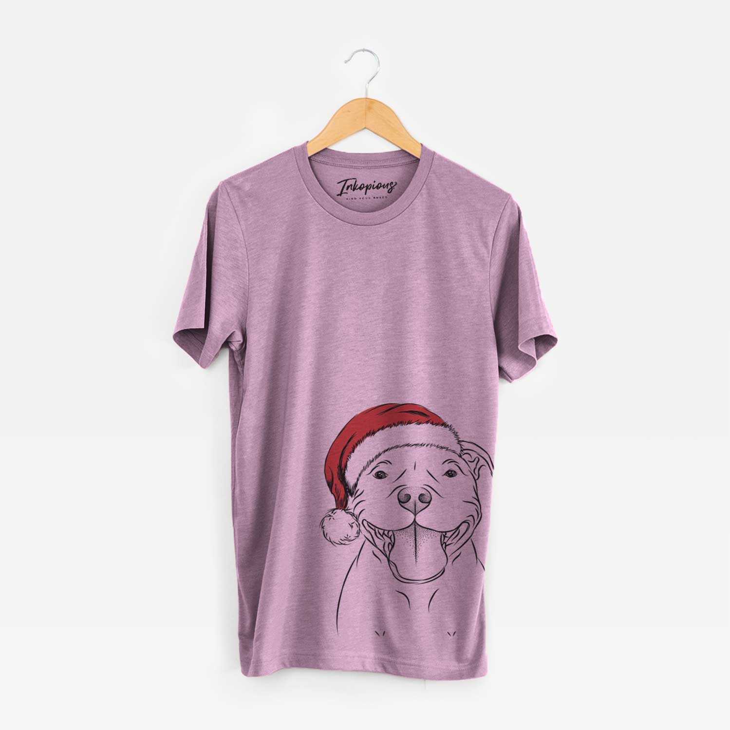 Hand-drawn sketch of Wafer the Staffordshire Bull Terrier wearing a Santa hat on an Orchid Unisex crewneck
