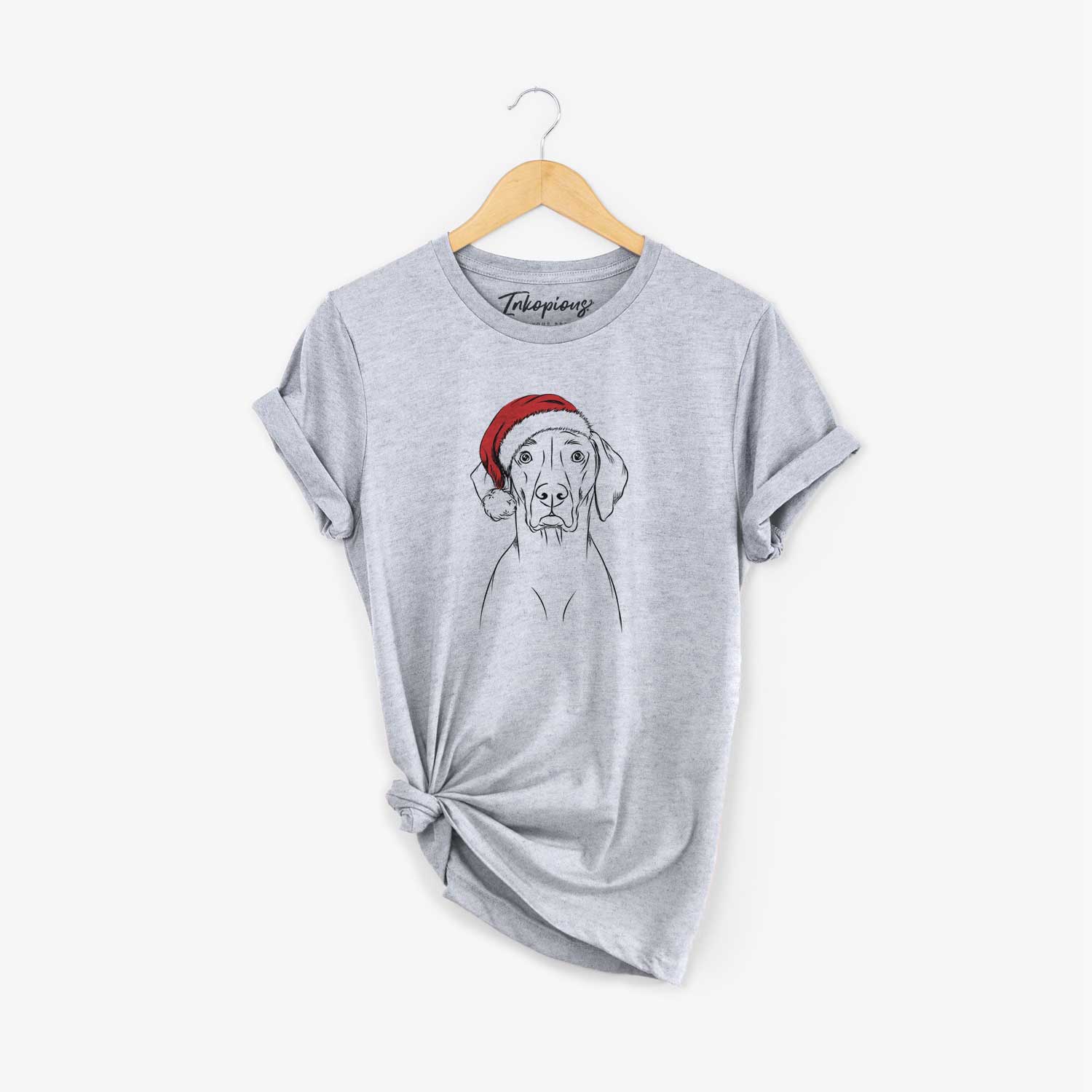 Hand-drawn sketch of Walter the Weimaraner wearing a Santa hat on a Grey Unisex crewneck