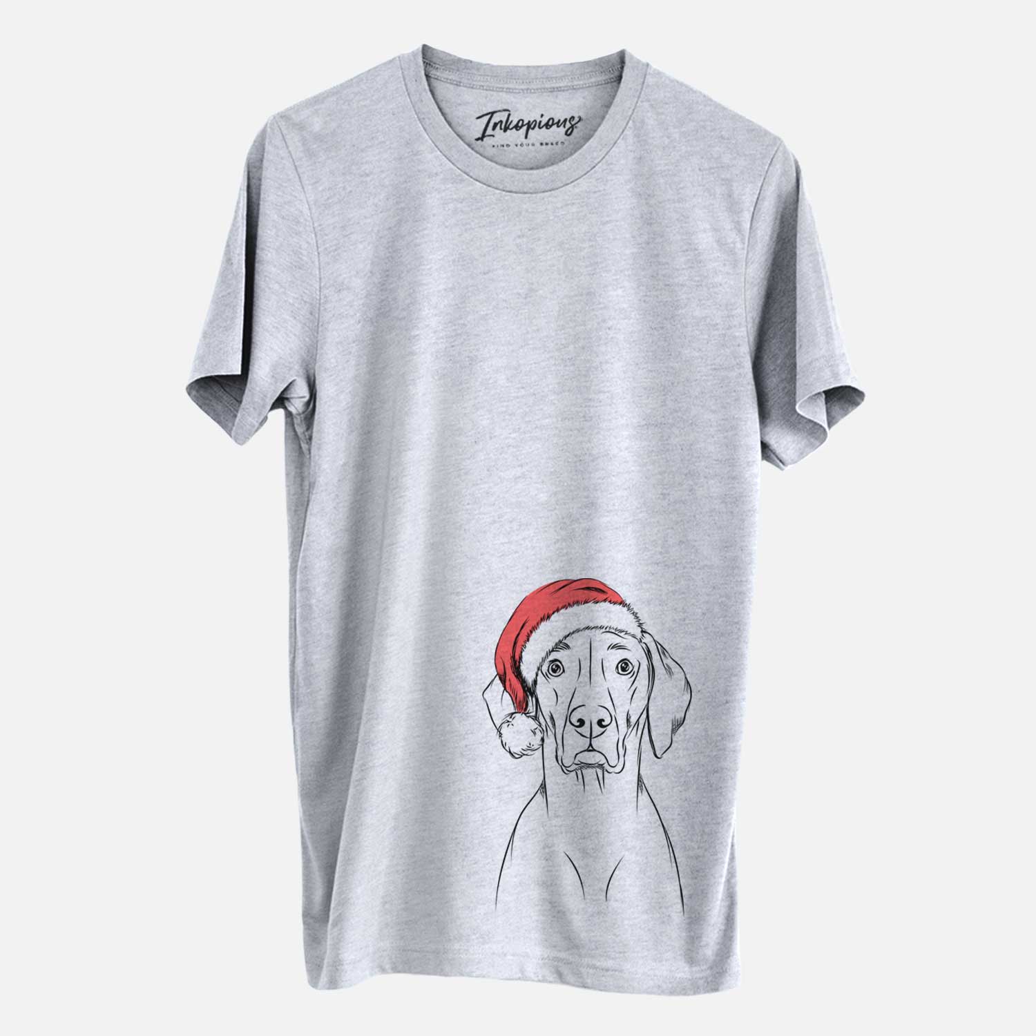 Hand-drawn sketch of Walter the Weimaraner wearing a Santa hat on a Grey Unisex crewneck