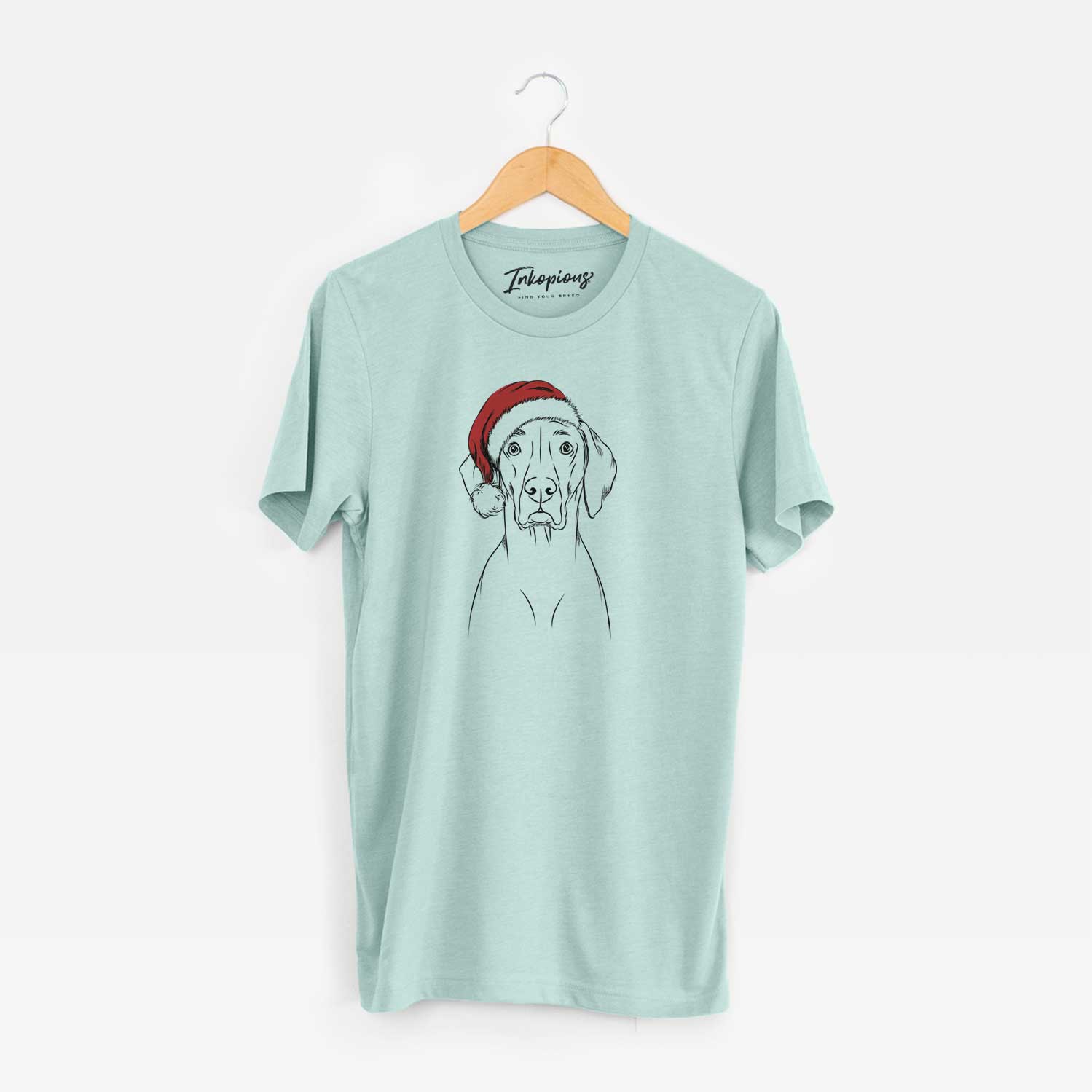 Hand-drawn sketch of Walter the Weimaraner wearing a Santa hat on a Heather Sage Unisex crewneck