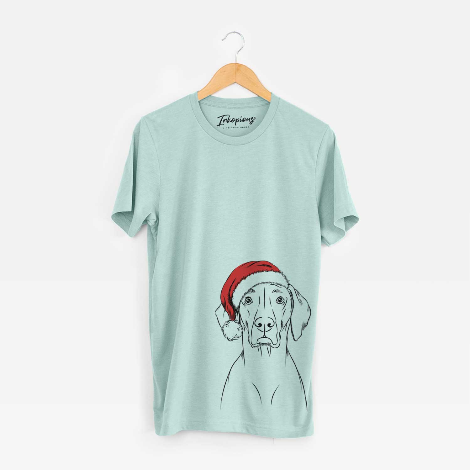 Hand-drawn sketch of Walter the Weimaraner wearing a Santa hat on a Heather Sage Unisex crewneck