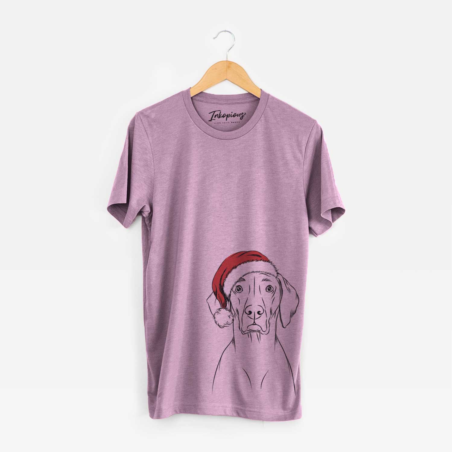 Hand-drawn sketch of Walter the Weimaraner wearing a Santa hat on an Orchid Unisex crewneck