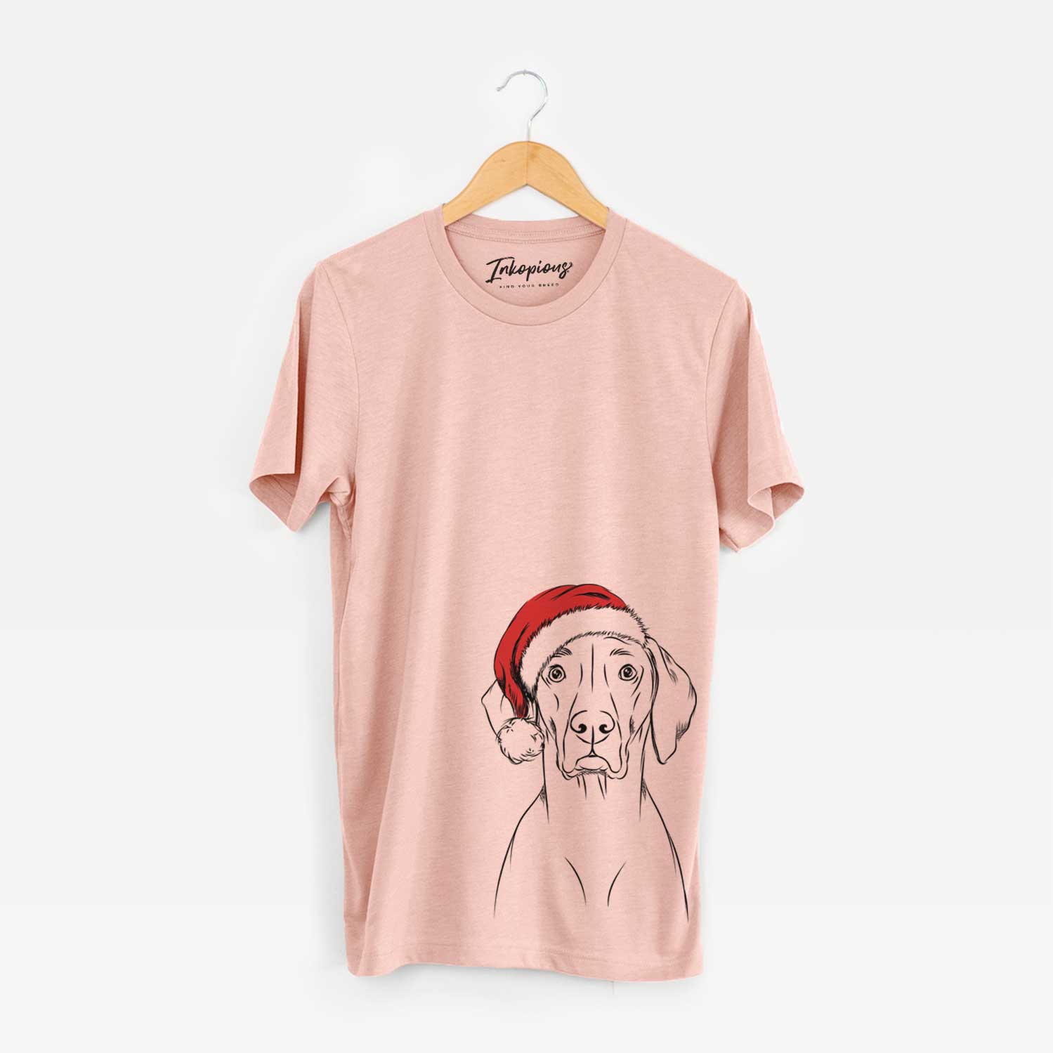 Hand-drawn sketch of Walter the Weimaraner wearing a Santa hat on a Peach Unisex crewneck