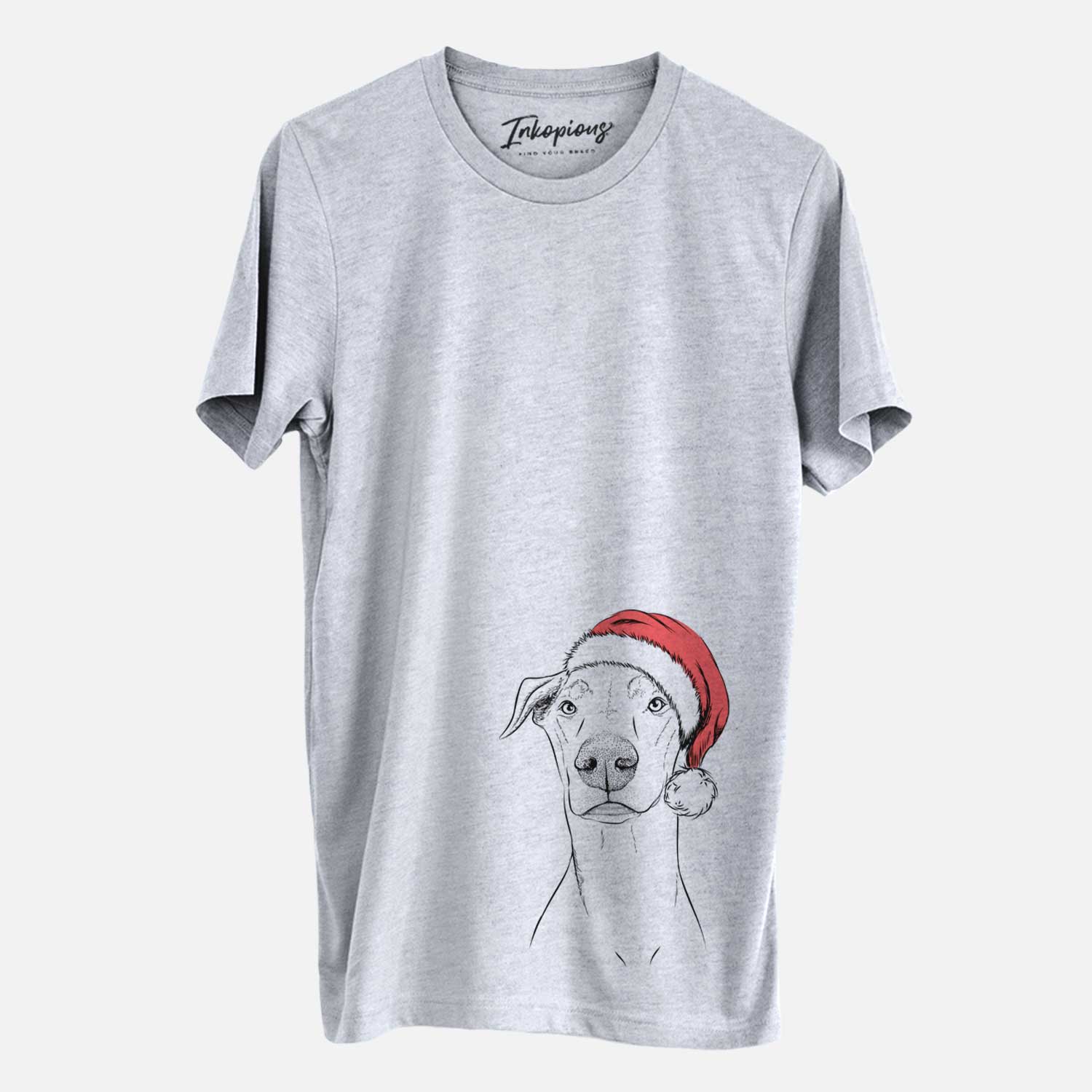 Hand-drawn sketch of Walter the White Doberman Rescue wearing a Santa hat on a Grey Unisex crewneck