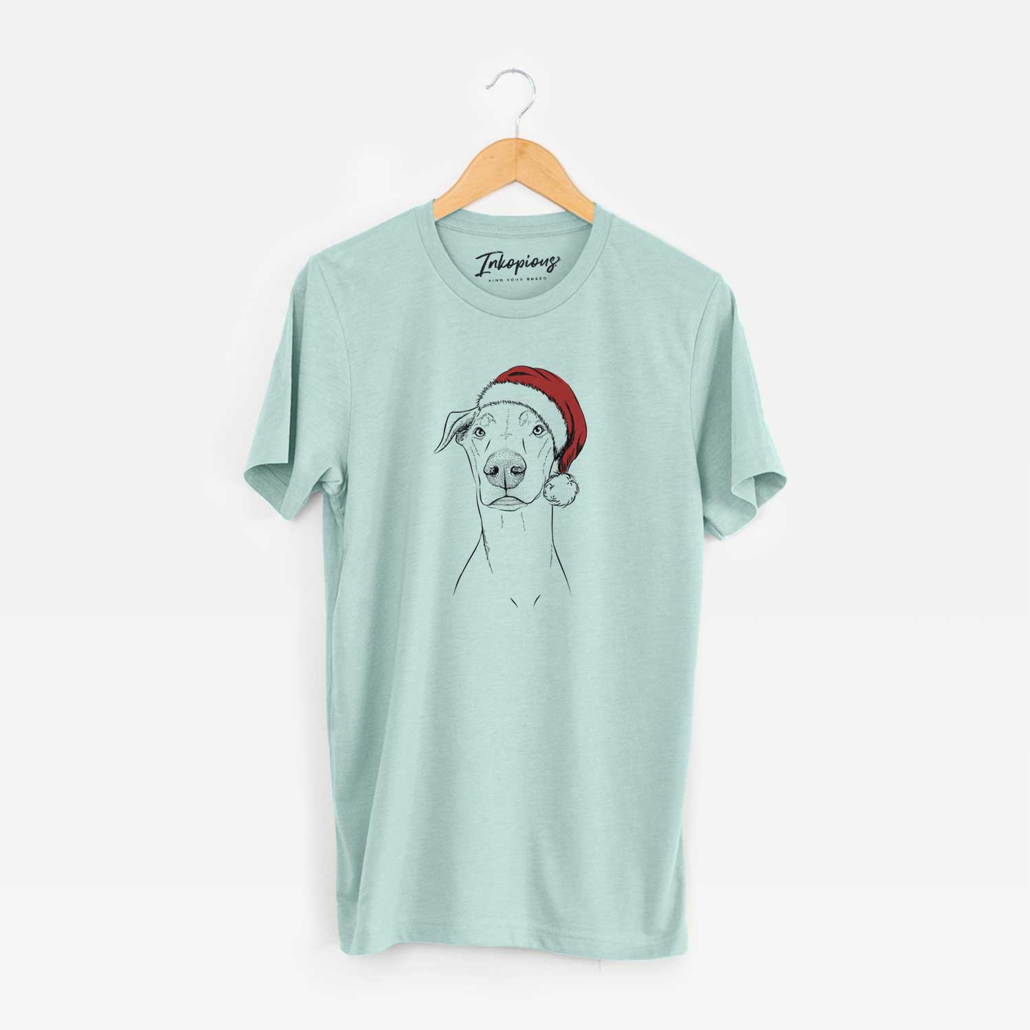 Hand-drawn sketch of Walter the White Doberman Rescue wearing a Santa hat on a Heather Sage Unisex crewneck