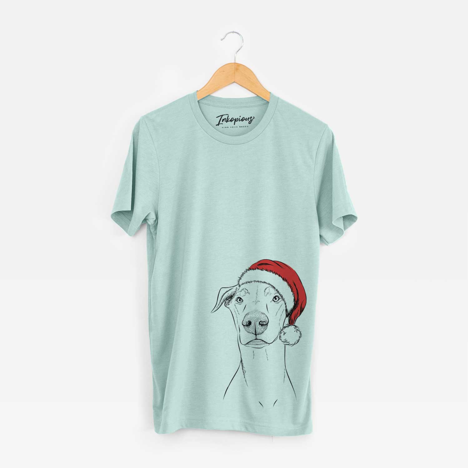 Hand-drawn sketch of Walter the White Doberman Rescue wearing a Santa hat on a Heather Sage Unisex crewneck