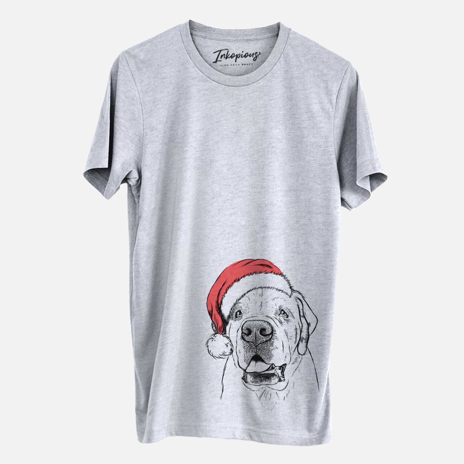 Hand-drawn sketch of Wendy the Saint Bernard wearing a Santa hat on a Grey Unisex crewneck