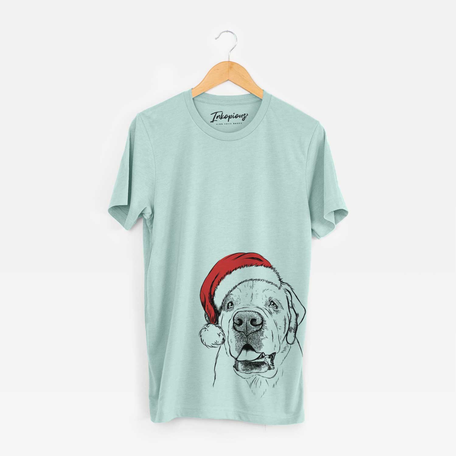 Hand-drawn sketch of Wendy the Saint Bernard wearing a Santa hat on a Heather Sage Unisex crewneck