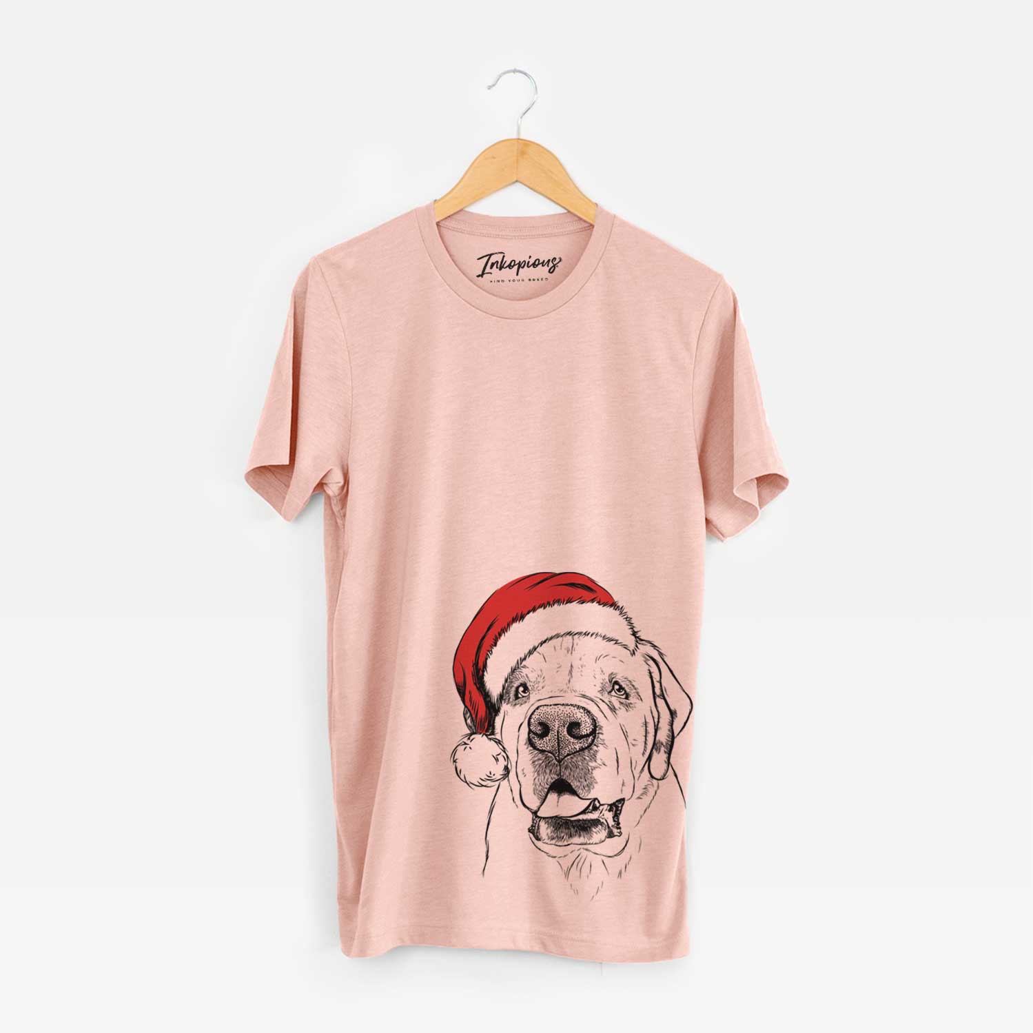 Hand-drawn sketch of Wendy the Saint Bernard wearing a Santa hat on a Peach Unisex crewneck