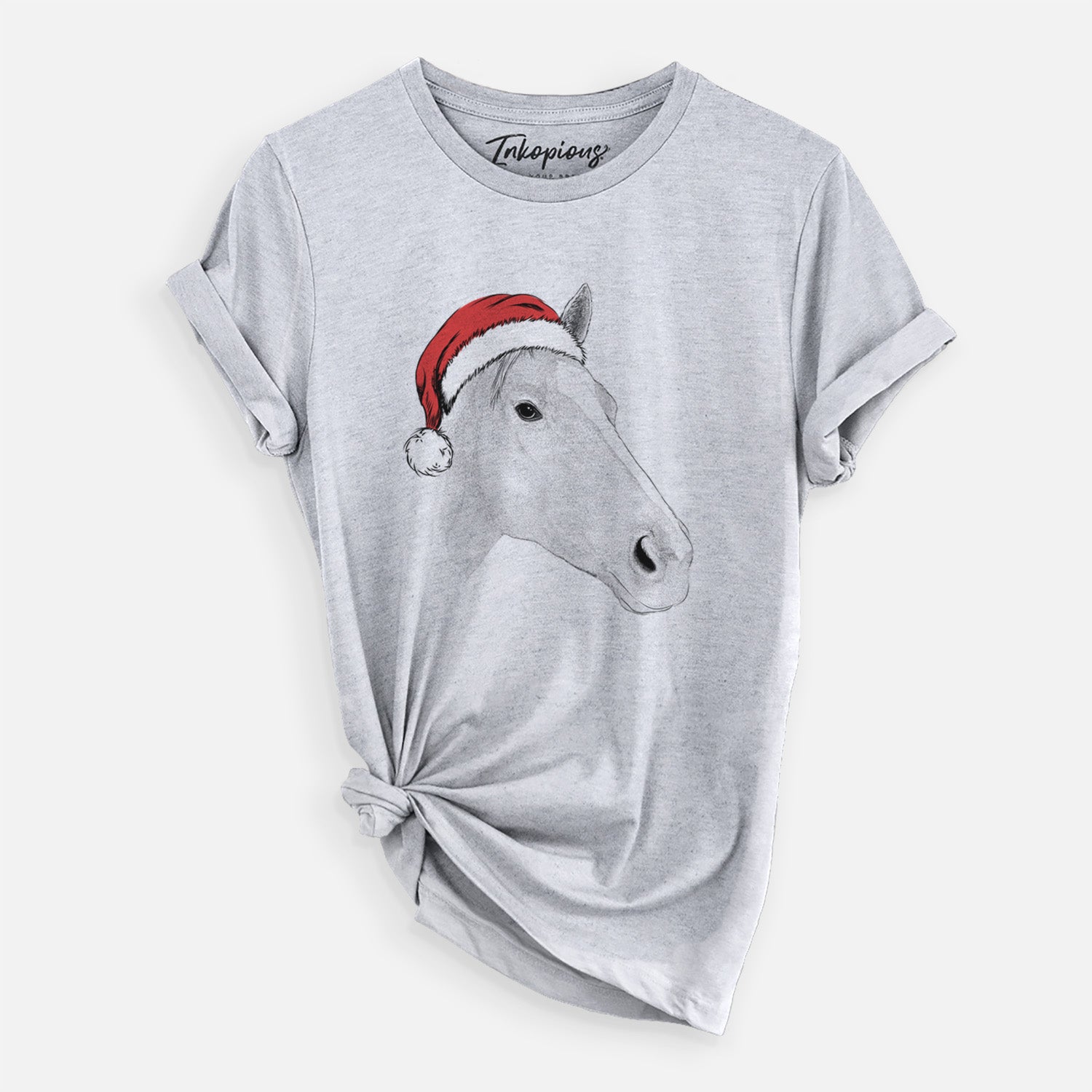 Hand-drawn sketch of Westley the Horse wearing a Santa hat on a Grey Unisex crewneck
