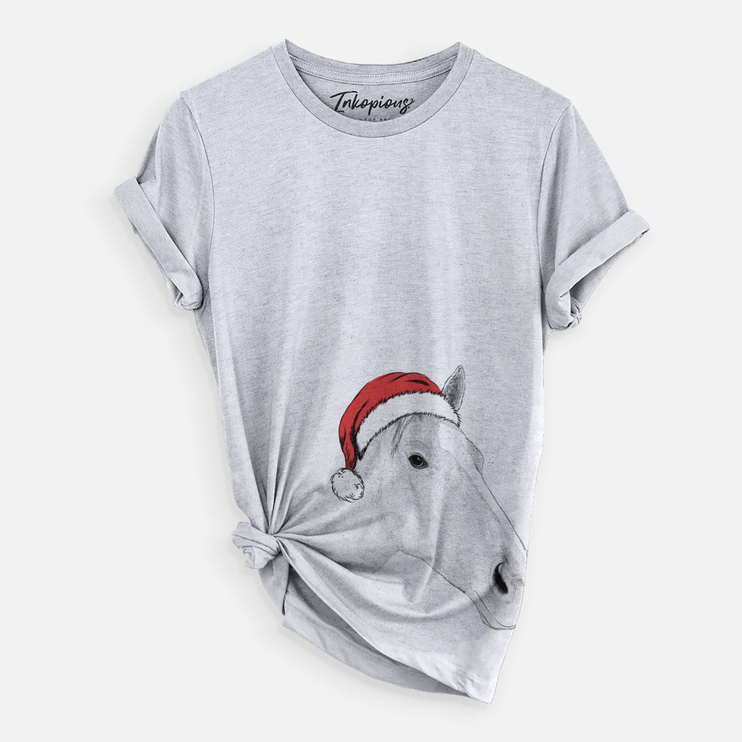 Hand-drawn sketch of Westley the Horse wearing a Santa hat on a Grey Unisex crewneck