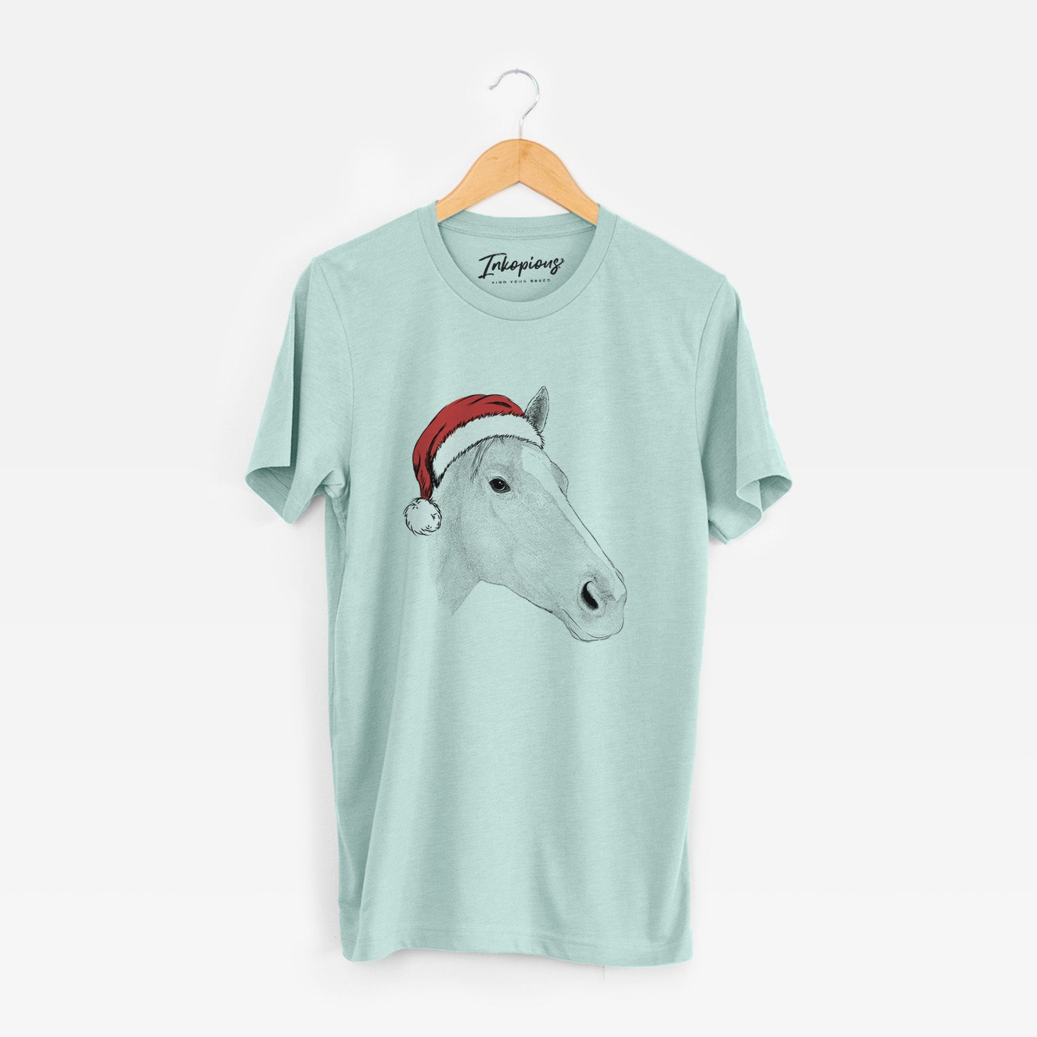 Hand-drawn sketch of Westley the Horse wearing a Santa hat on a Heather Sage Unisex crewneck