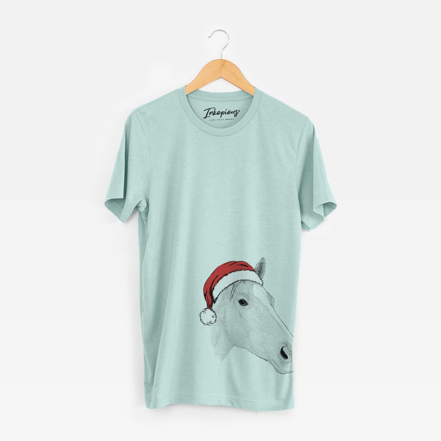 Hand-drawn sketch of Westley the Horse wearing a Santa hat on a Heather Sage Unisex crewneck