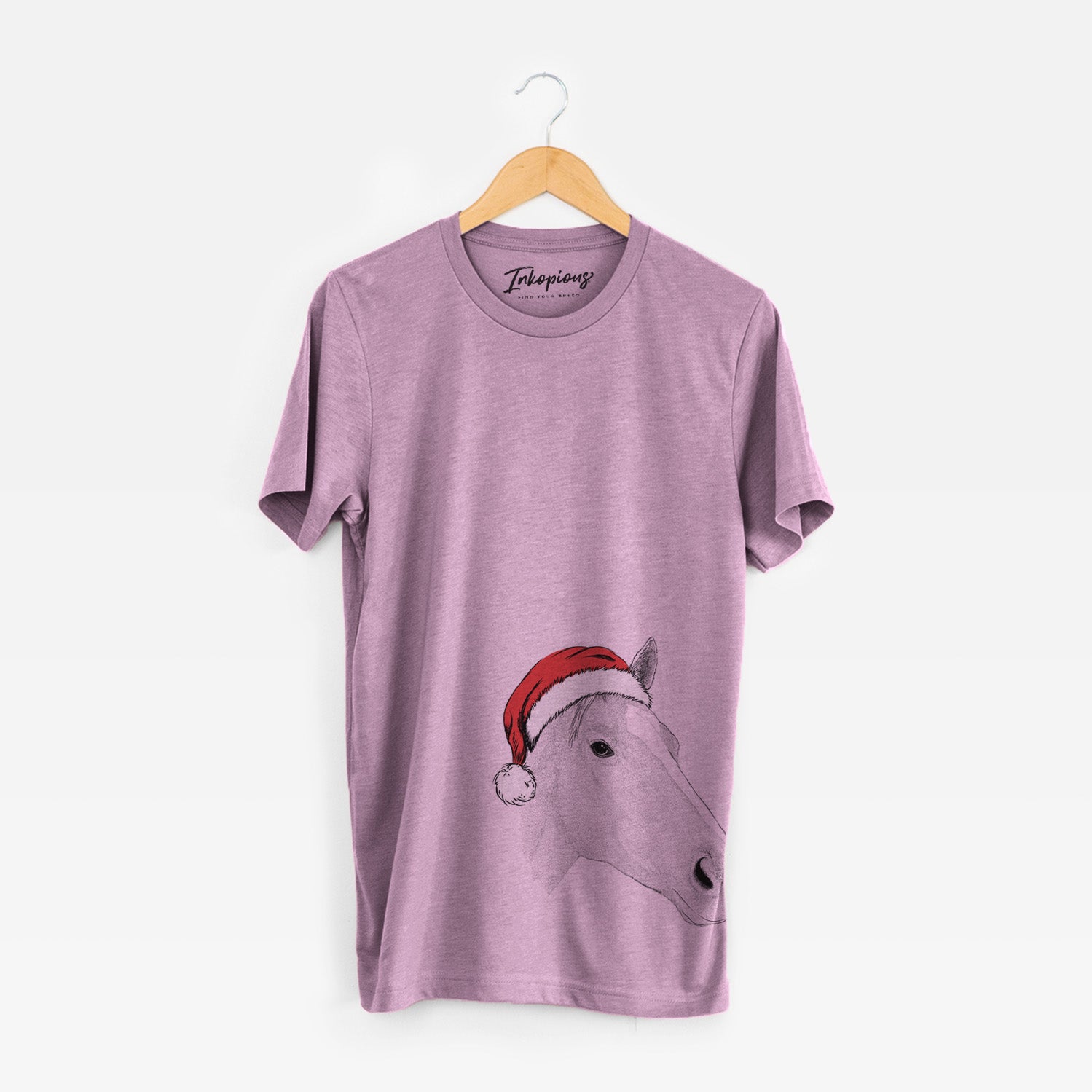 Hand-drawn sketch of Westley the Horse wearing a Santa hat on an Orchid Unisex crewneck