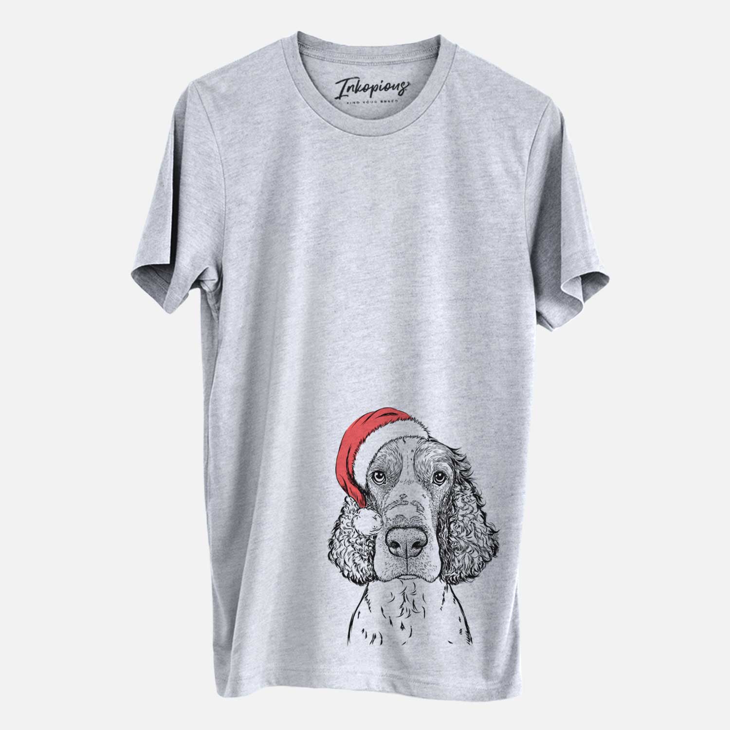 Hand-drawn sketch of Wilbur the English Springer Spaniel wearing a Santa hat on a Grey Unisex crewneck