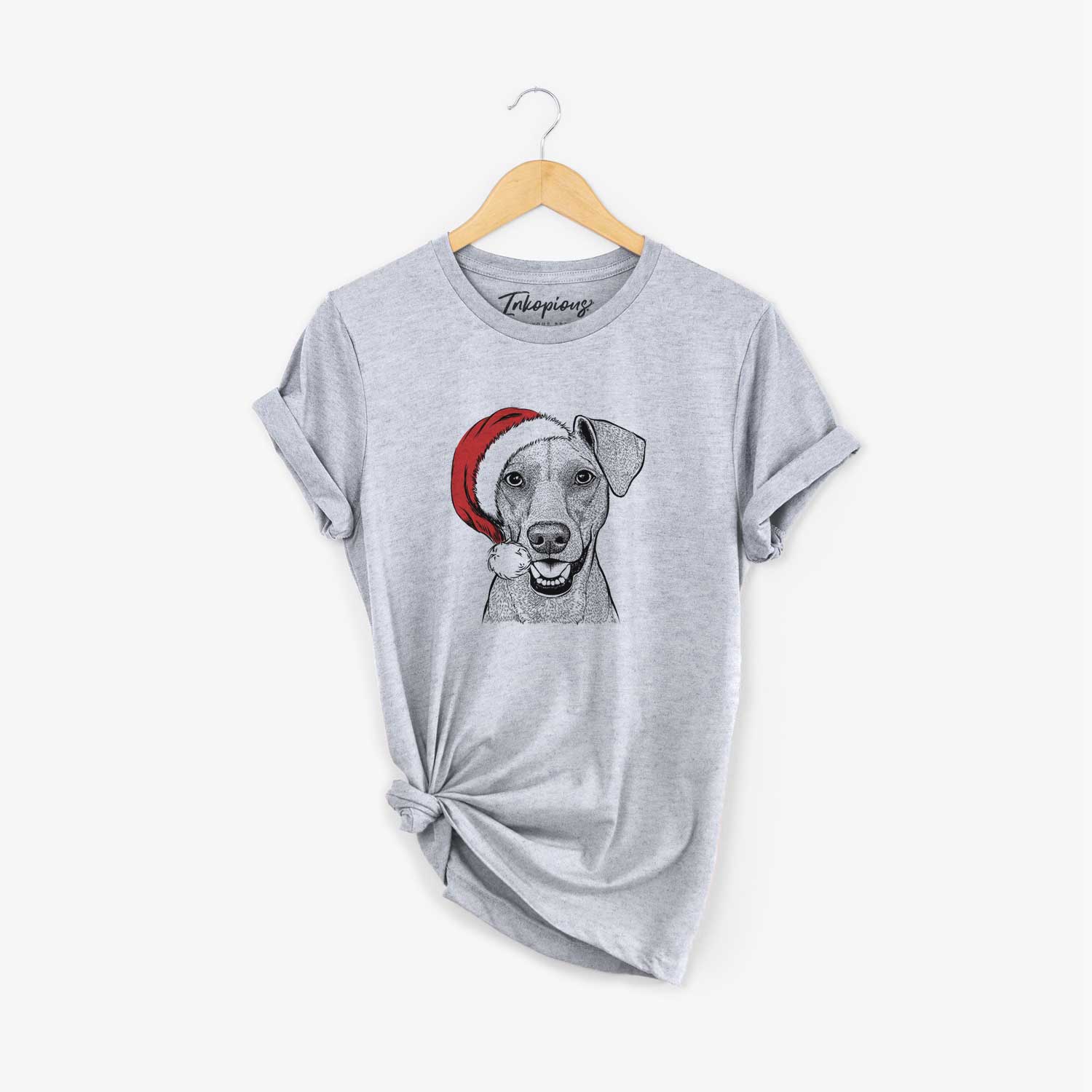 Hand-drawn sketch of Willow the German Pinscher wearing a Santa hat on a Grey Unisex crewneck