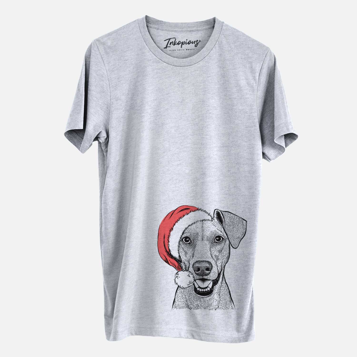 Hand-drawn sketch of Willow the German Pinscher wearing a Santa hat on a Grey Unisex crewneck