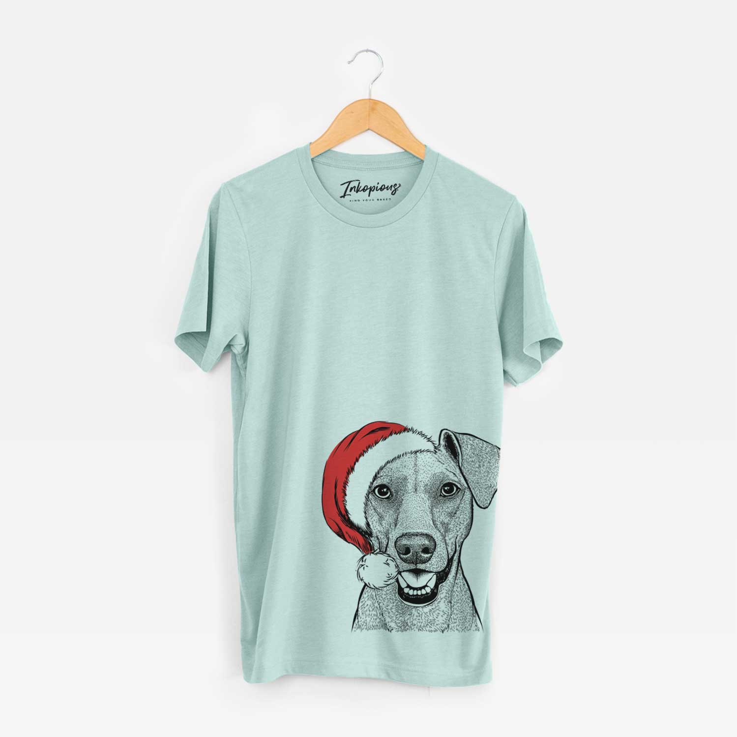 Hand-drawn sketch of Willow the German Pinscher wearing a Santa hat on a Heather Sage Unisex crewneck