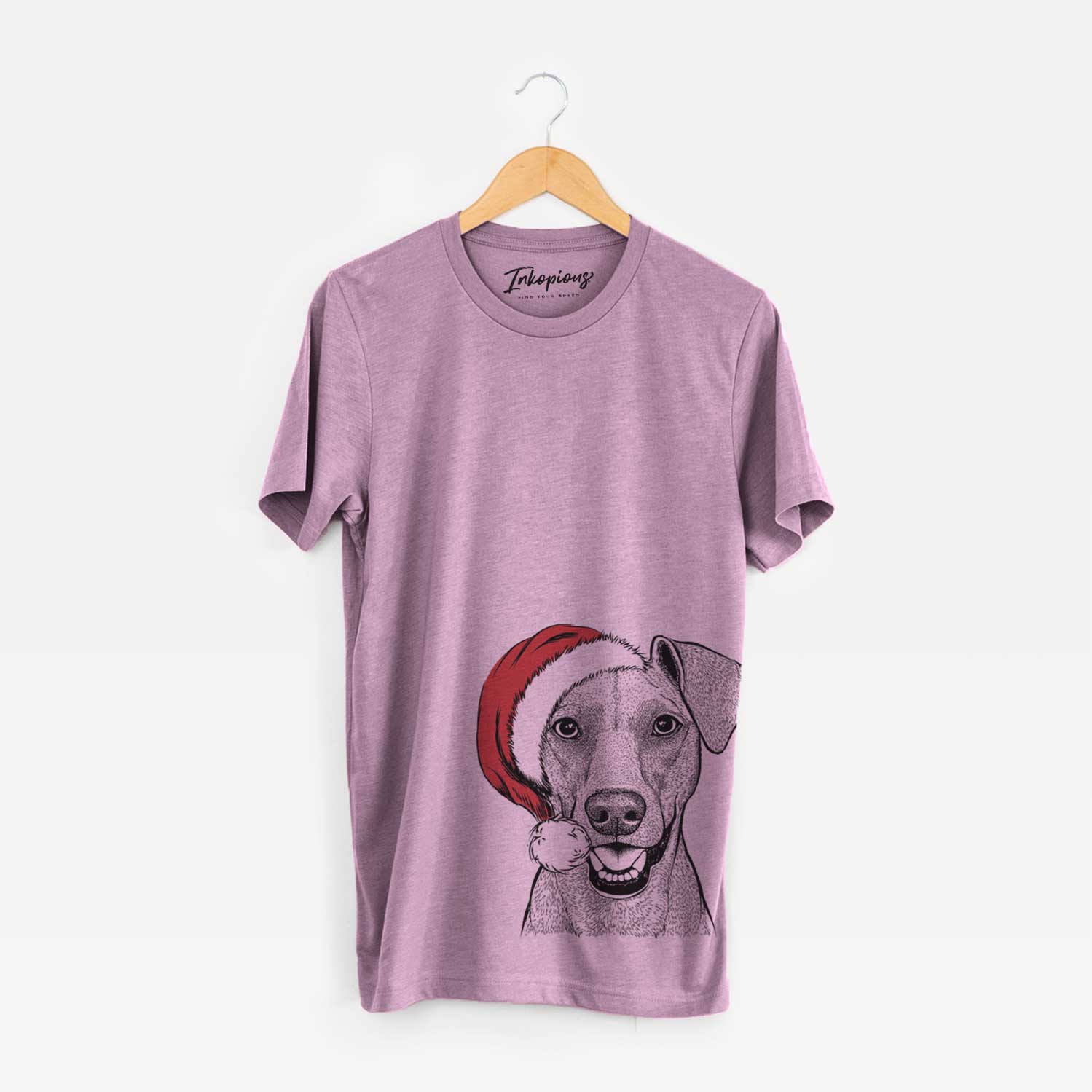 Hand-drawn sketch of Willow the German Pinscher wearing a Santa hat on an Orchid Unisex crewneck