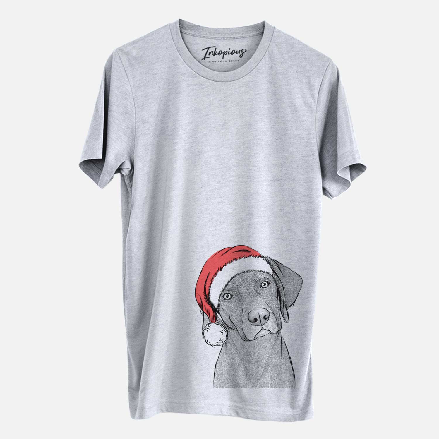 Hand-drawn sketch of Willow the Weizsla wearing a Santa hat on a Grey Unisex crewneck