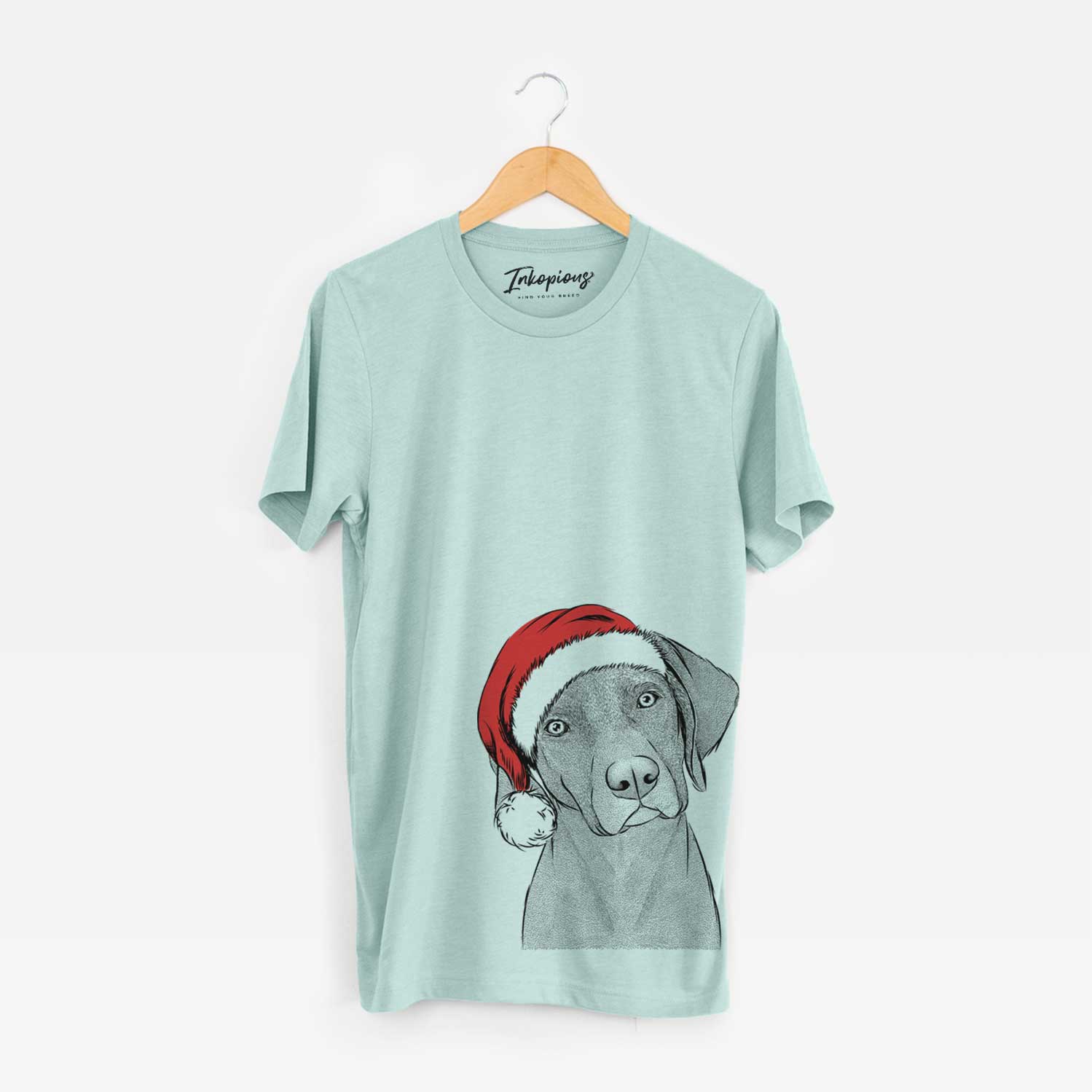 Hand-drawn sketch of Willow the Weizsla wearing a Santa hat on a Heather Sage Unisex crewneck