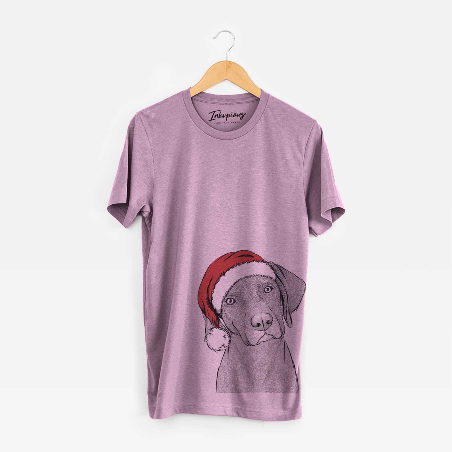 Hand-drawn sketch of Willow the Weizsla wearing a Santa hat on an Orchid Unisex crewneck
