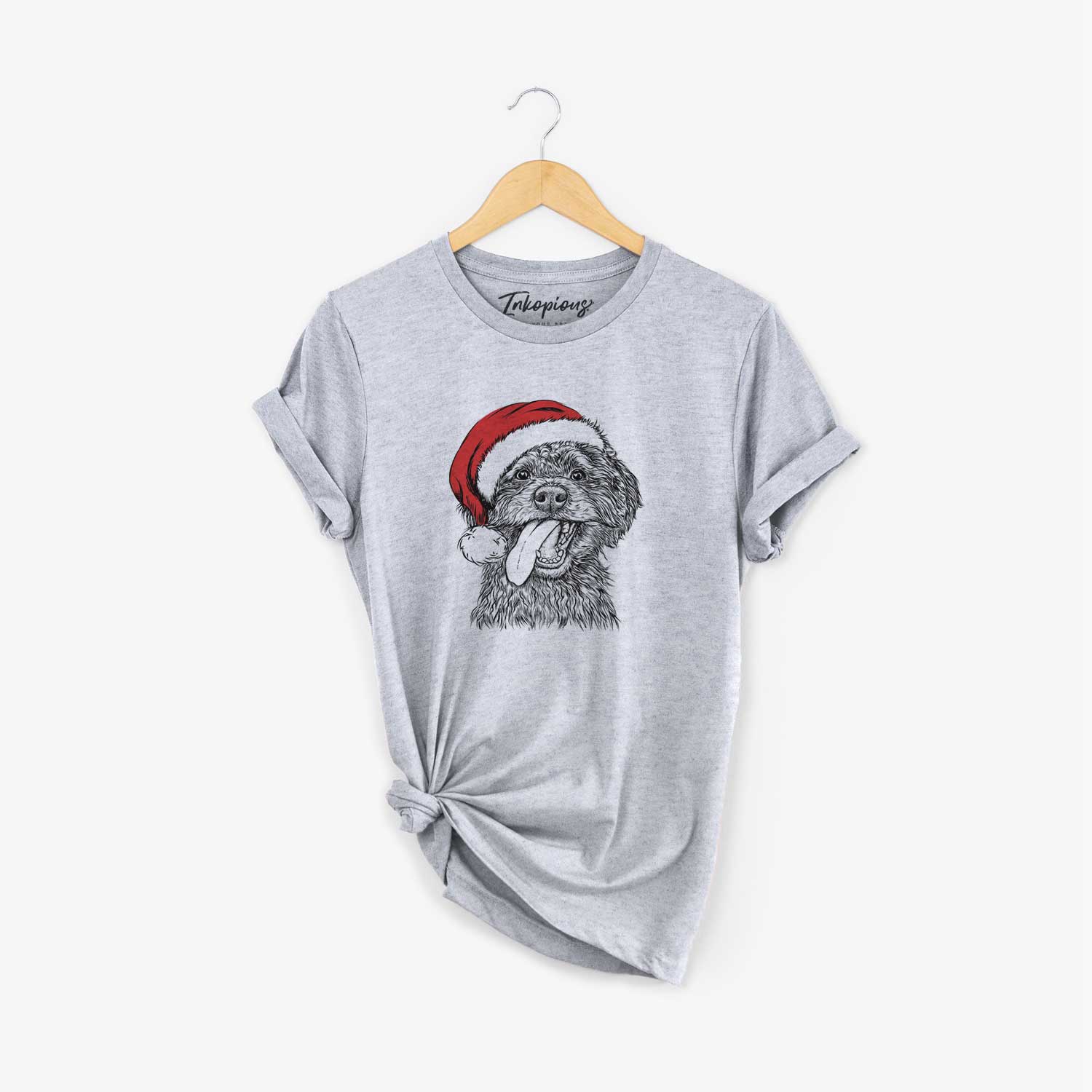 Hand-drawn sketch of Winnie the Mini Aussiedoodle wearing a Santa hat on a Grey Unisex crewneck