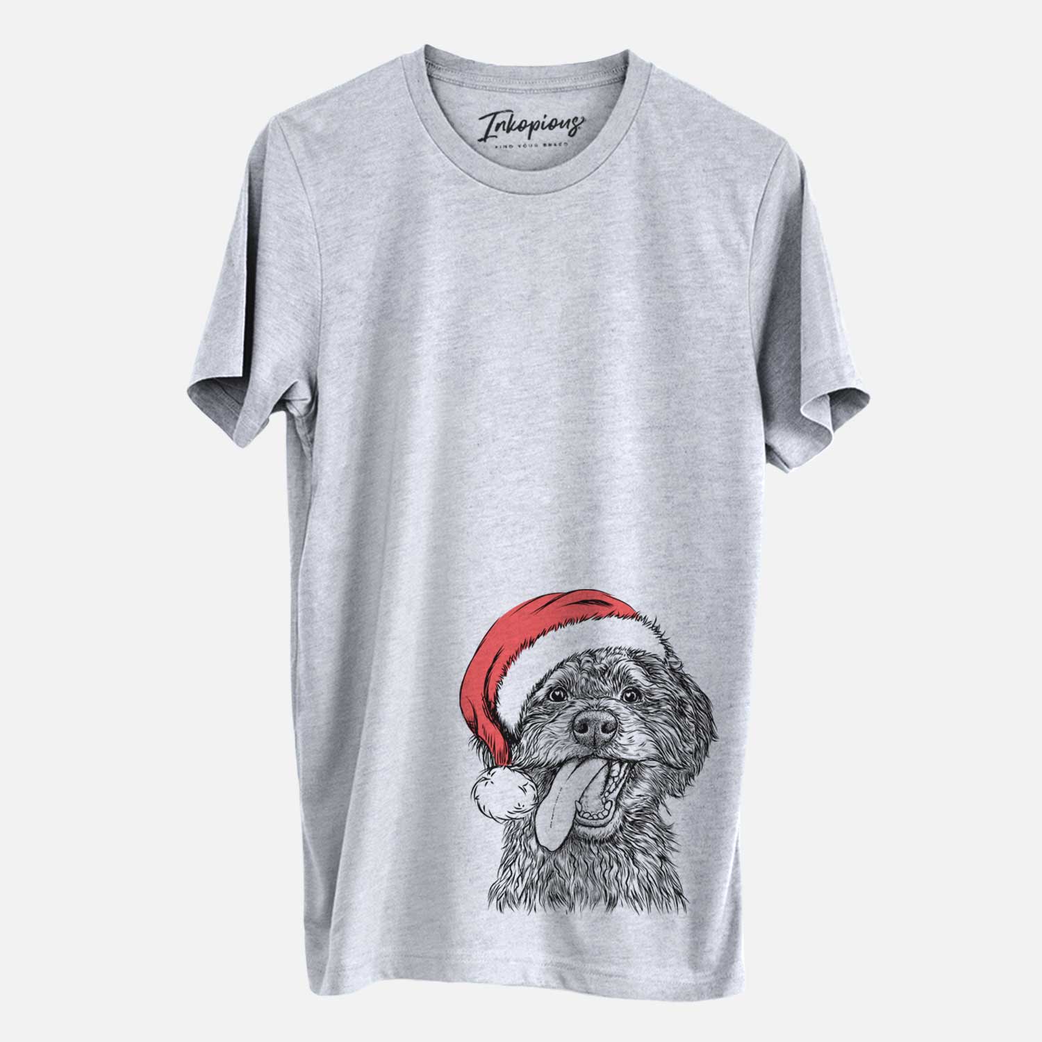 Hand-drawn sketch of Winnie the Mini Aussiedoodle wearing a Santa hat on a Grey Unisex crewneck