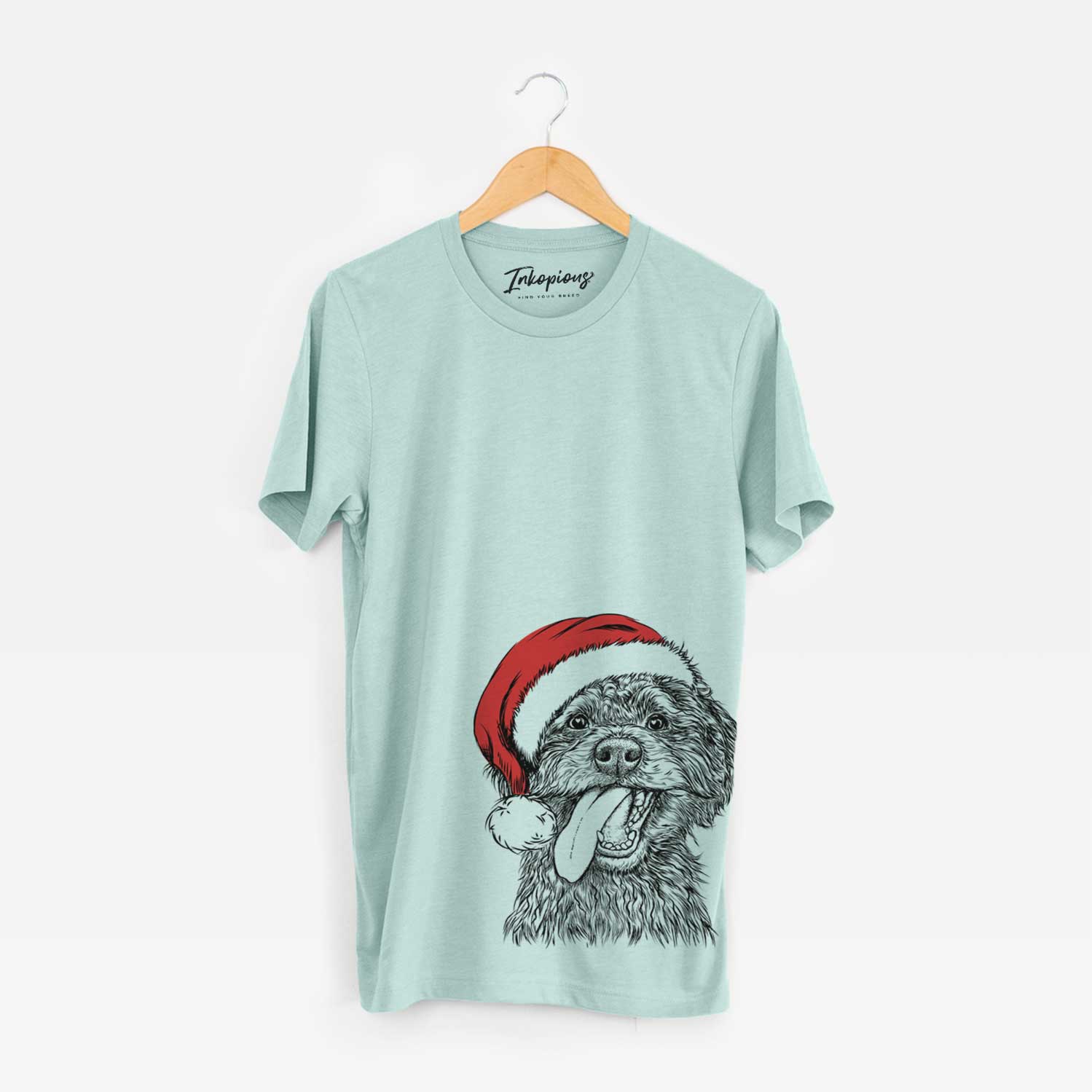 Hand-drawn sketch of Winnie the Mini Aussiedoodle wearing a Santa hat on a Heather Sage Unisex crewneck