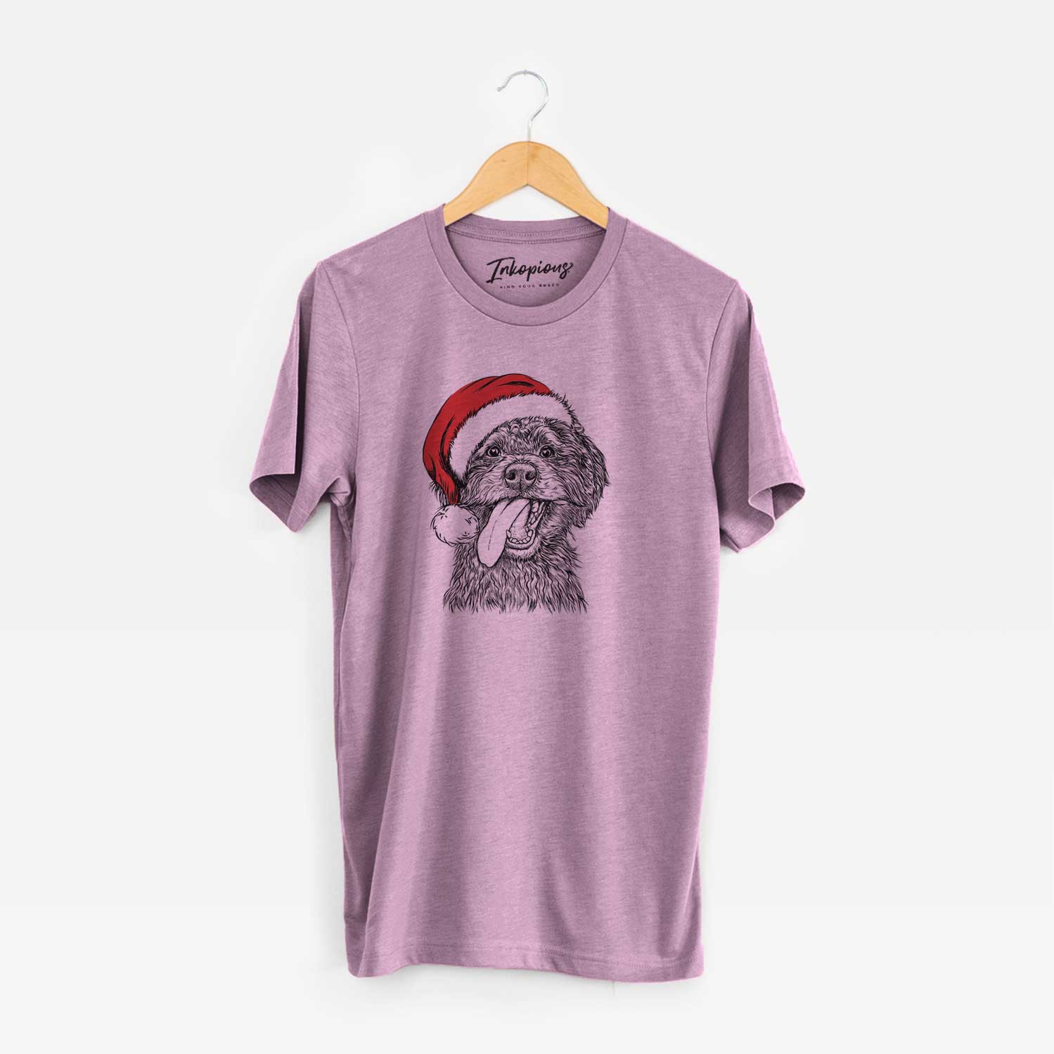 Hand-drawn sketch of Winnie the Mini Aussiedoodle wearing a Santa hat on an Orchid Unisex crewneck