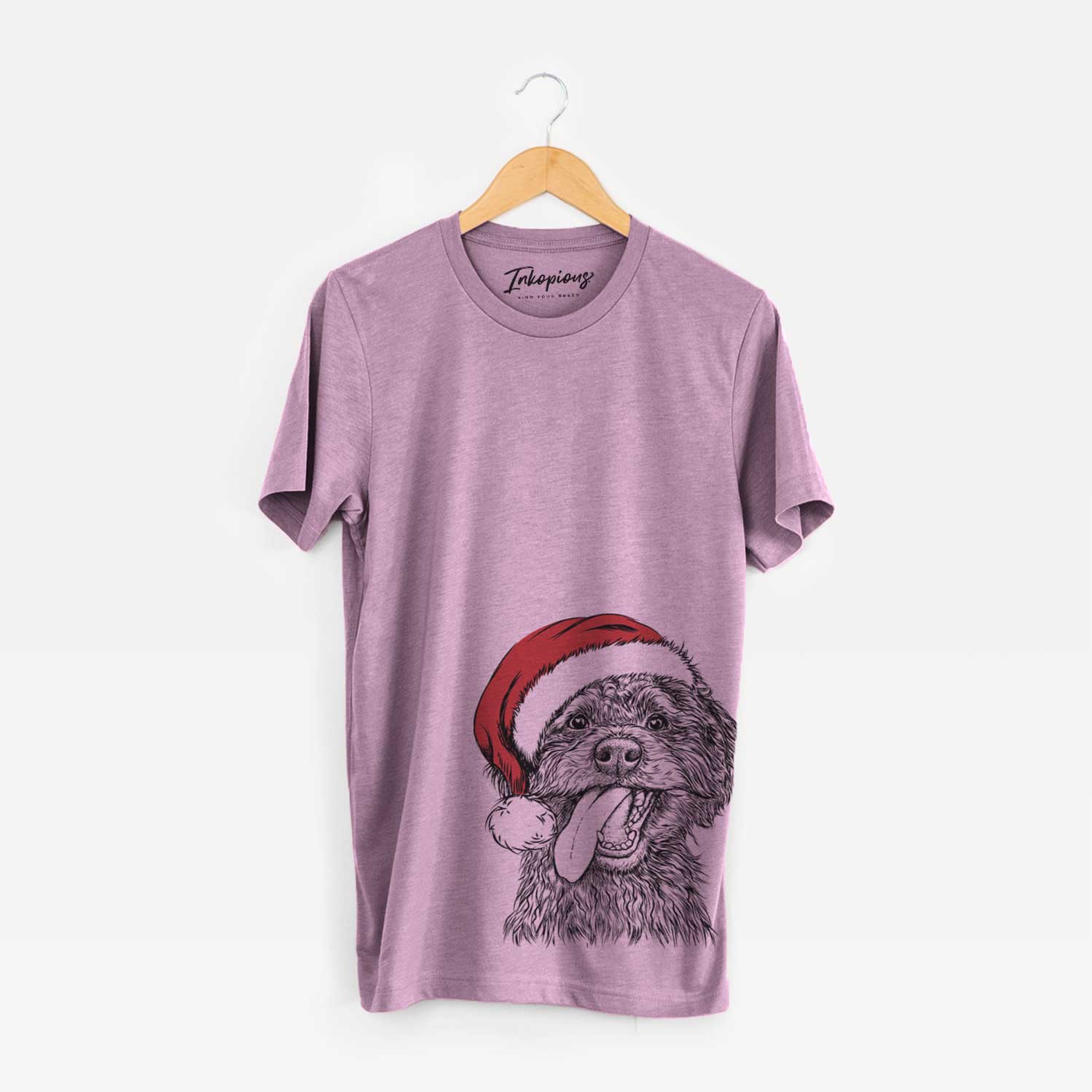 Hand-drawn sketch of Winnie the Mini Aussiedoodle wearing a Santa hat on an Orchid Unisex crewneck