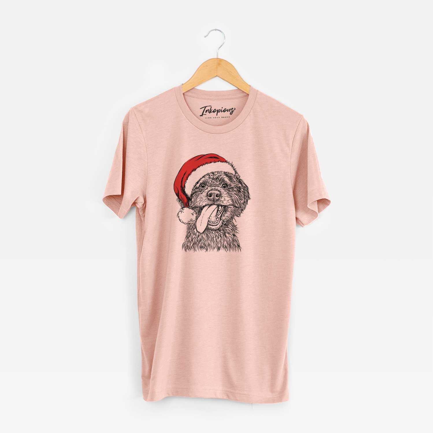 Hand-drawn sketch of Winnie the Mini Aussiedoodle wearing a Santa hat on a Peach Unisex crewneck
