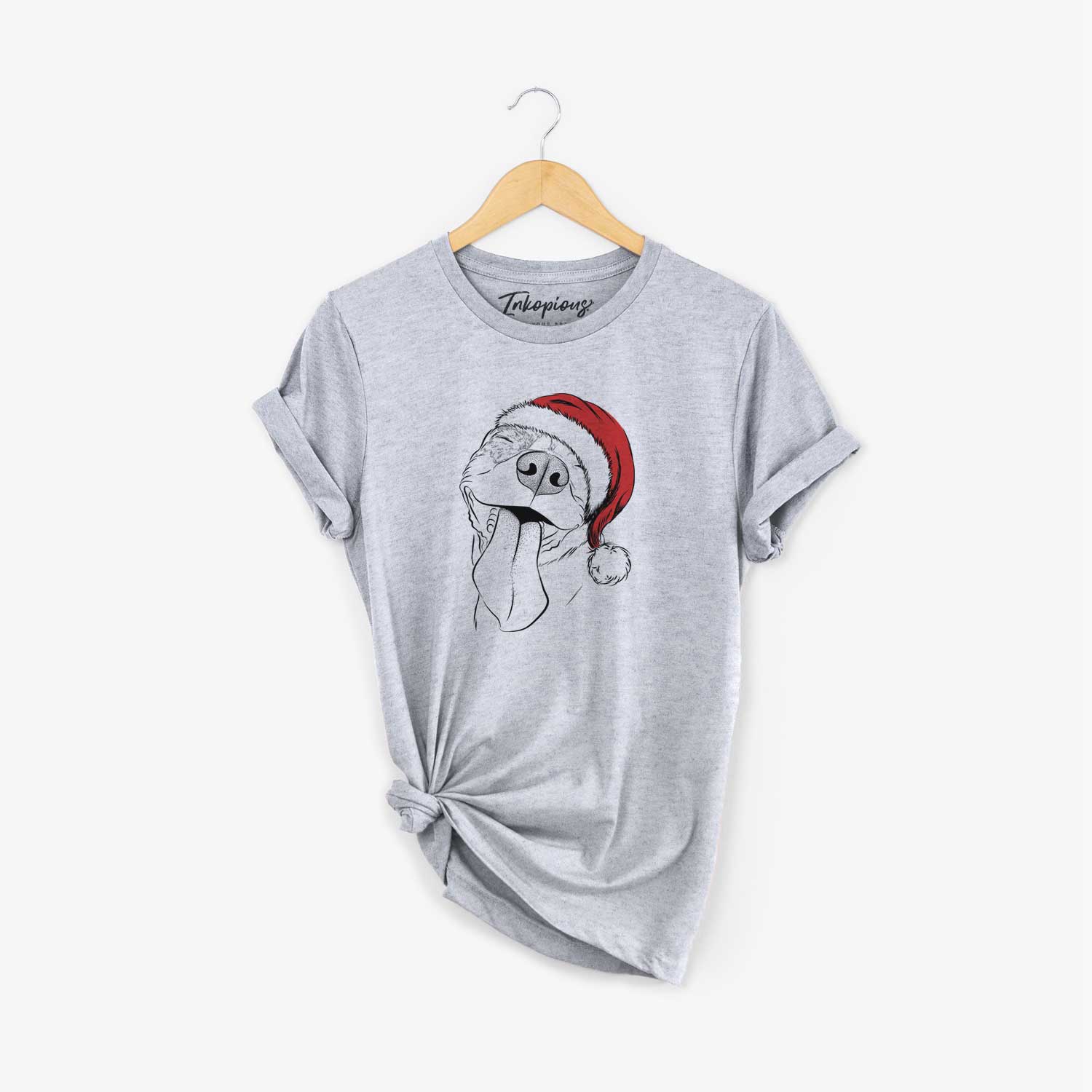 Hand-drawn sketch of Xena the American Staffordshire Terrier wearing a Santa hat on a Grey Unisex crewneck