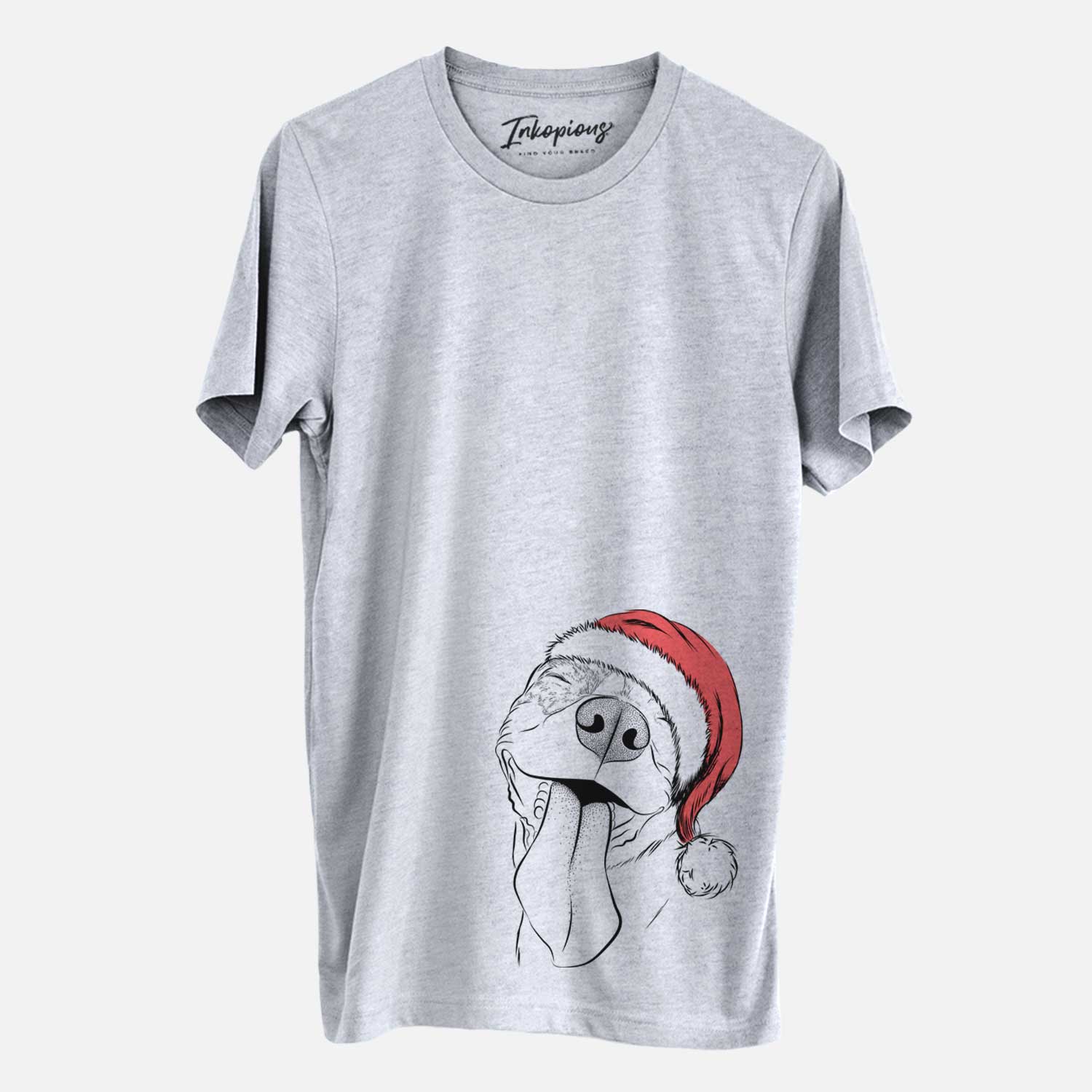 Hand-drawn sketch of Xena the American Staffordshire Terrier wearing a Santa hat on a Grey Unisex crewneck