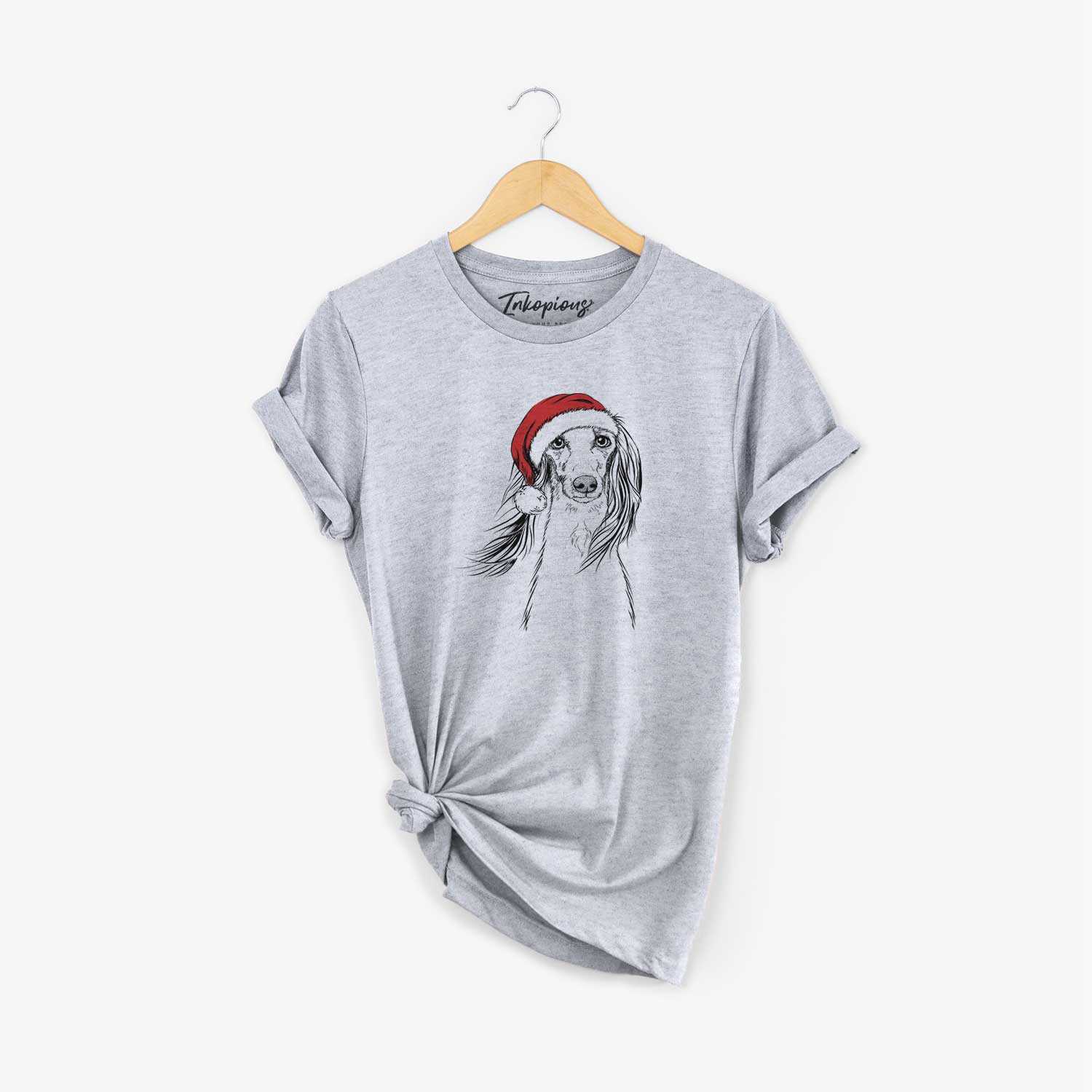 Hand-drawn sketch of Zahra the Saluki wearing a Santa hat on a Grey Unisex crewneck